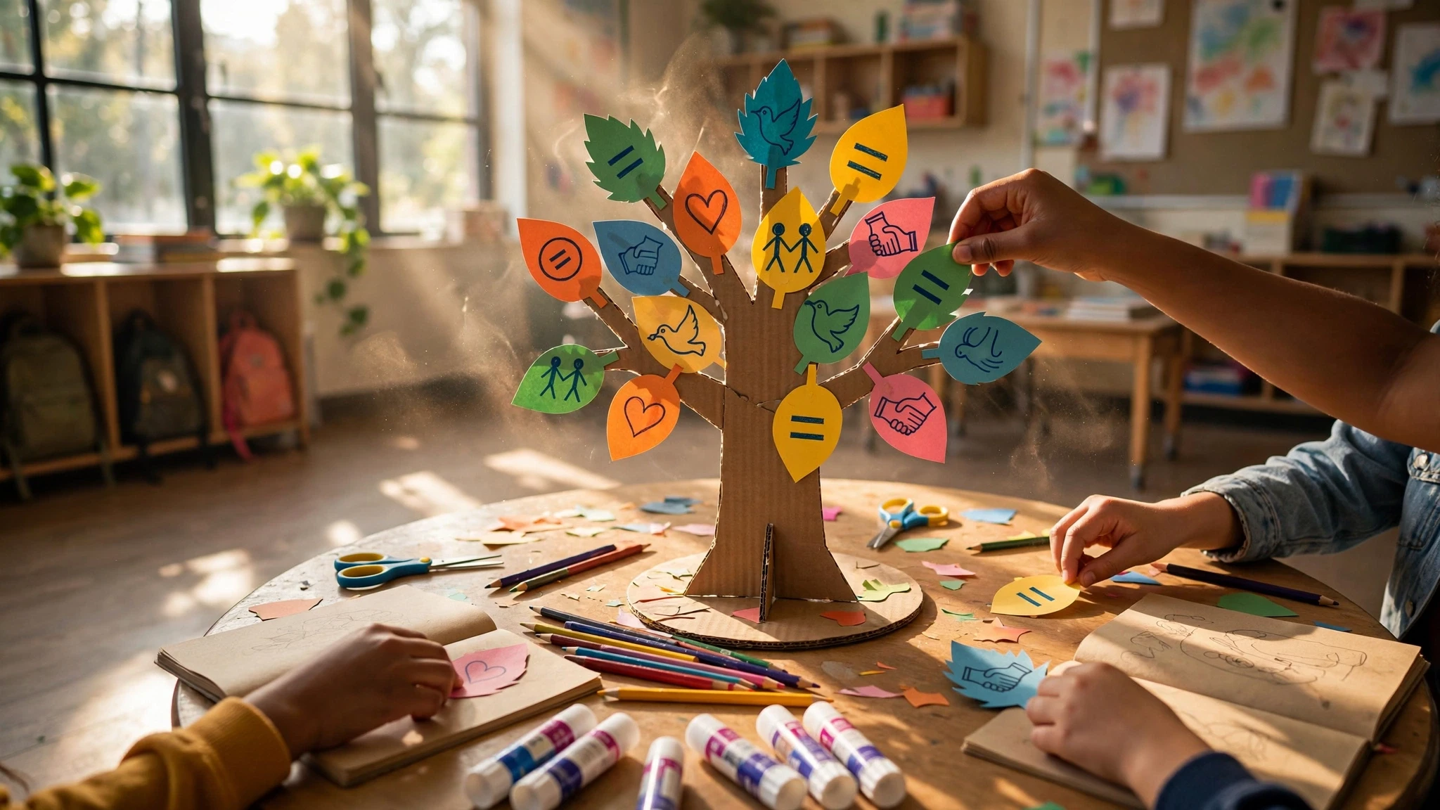 alumnos haciendo un proyecto de arbol en aula iluminada