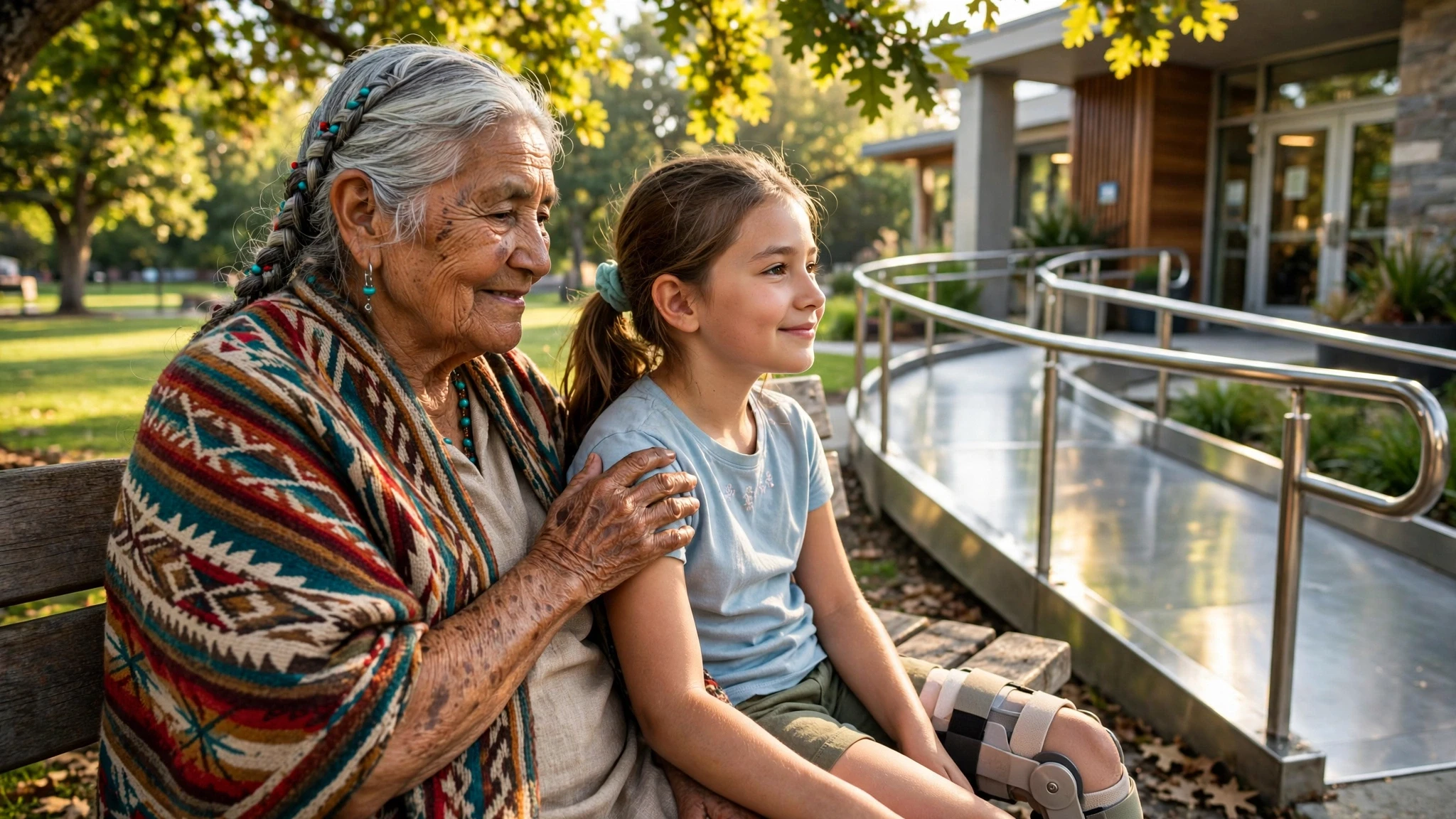 anciana indigena y nina en banca de parque soleado