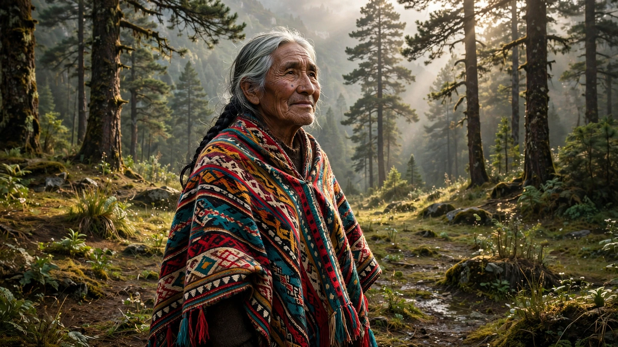 anciano indigena con atuendo artesanal en la montana