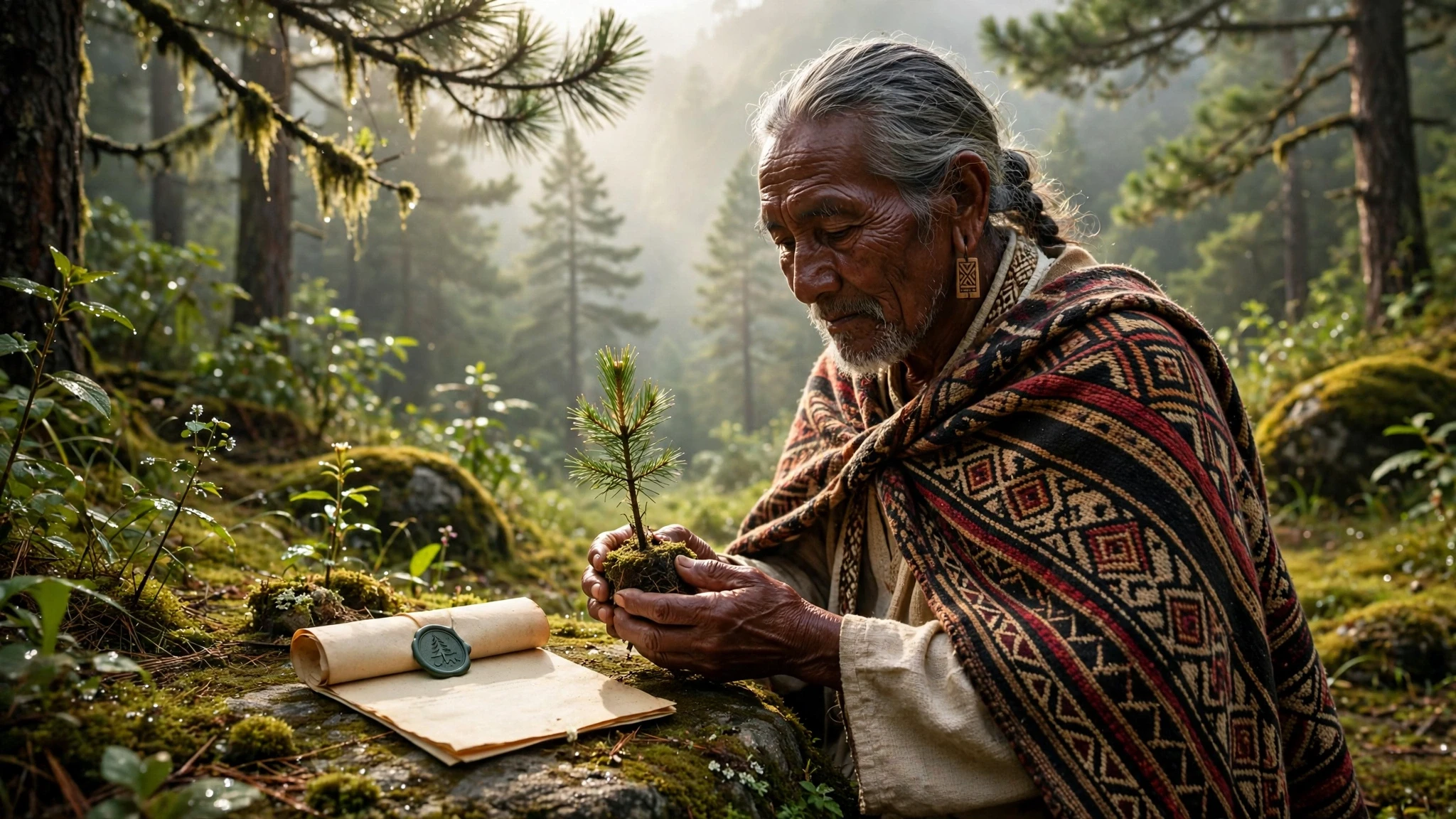 anciano indigena sosteniendo un brote junto a un documento