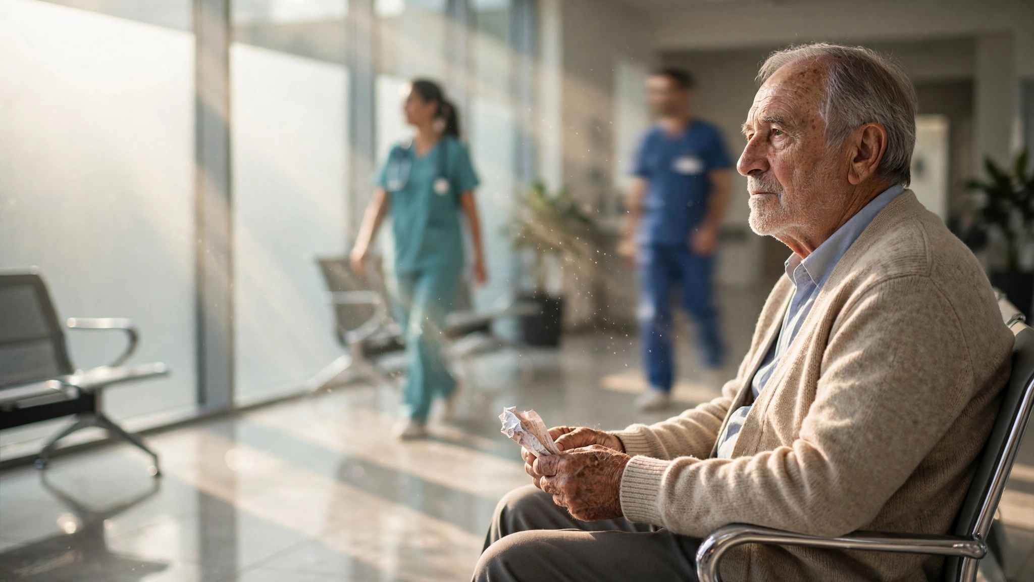 anciano paciente sentado en sala de espera de clinica