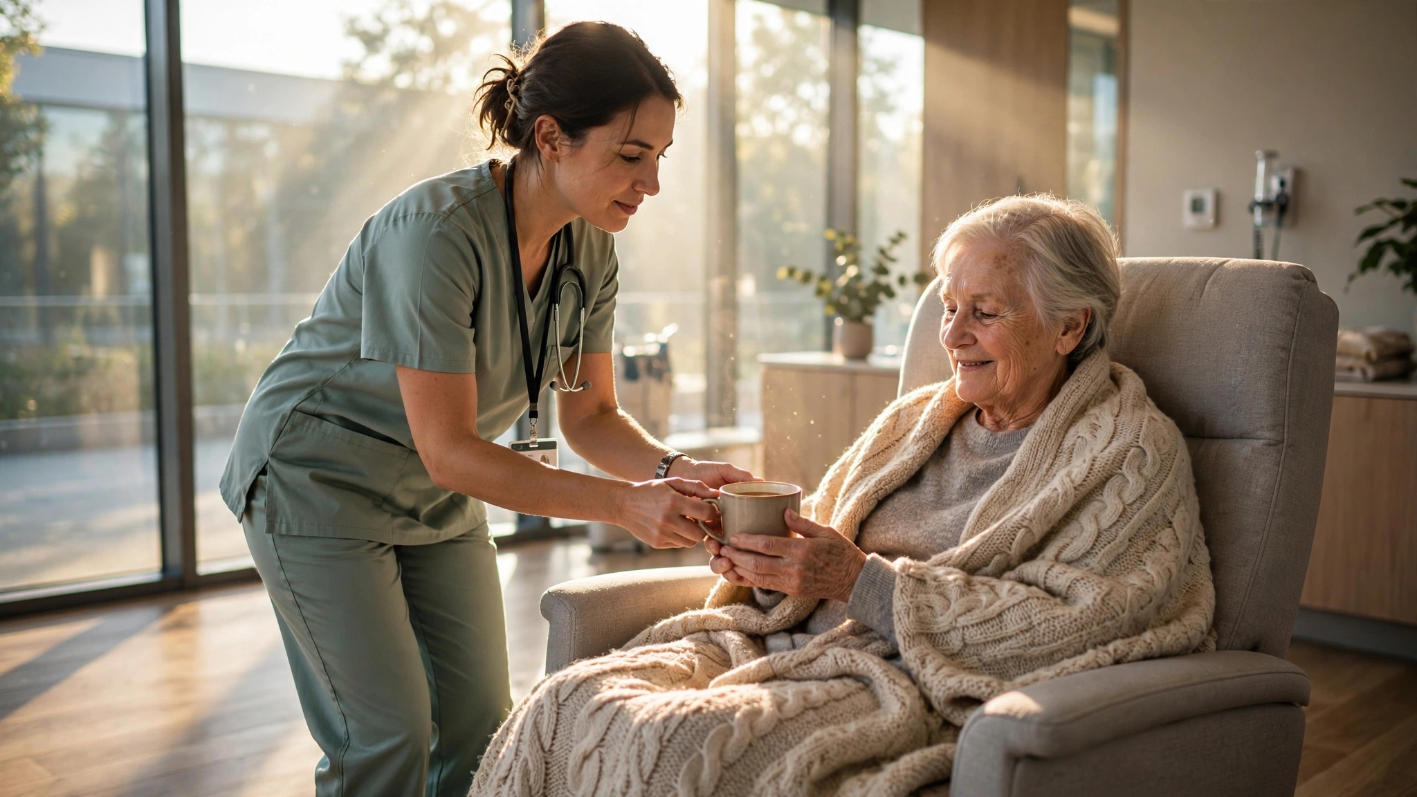 anciano sentado recibe te caliente de un personal sanitario