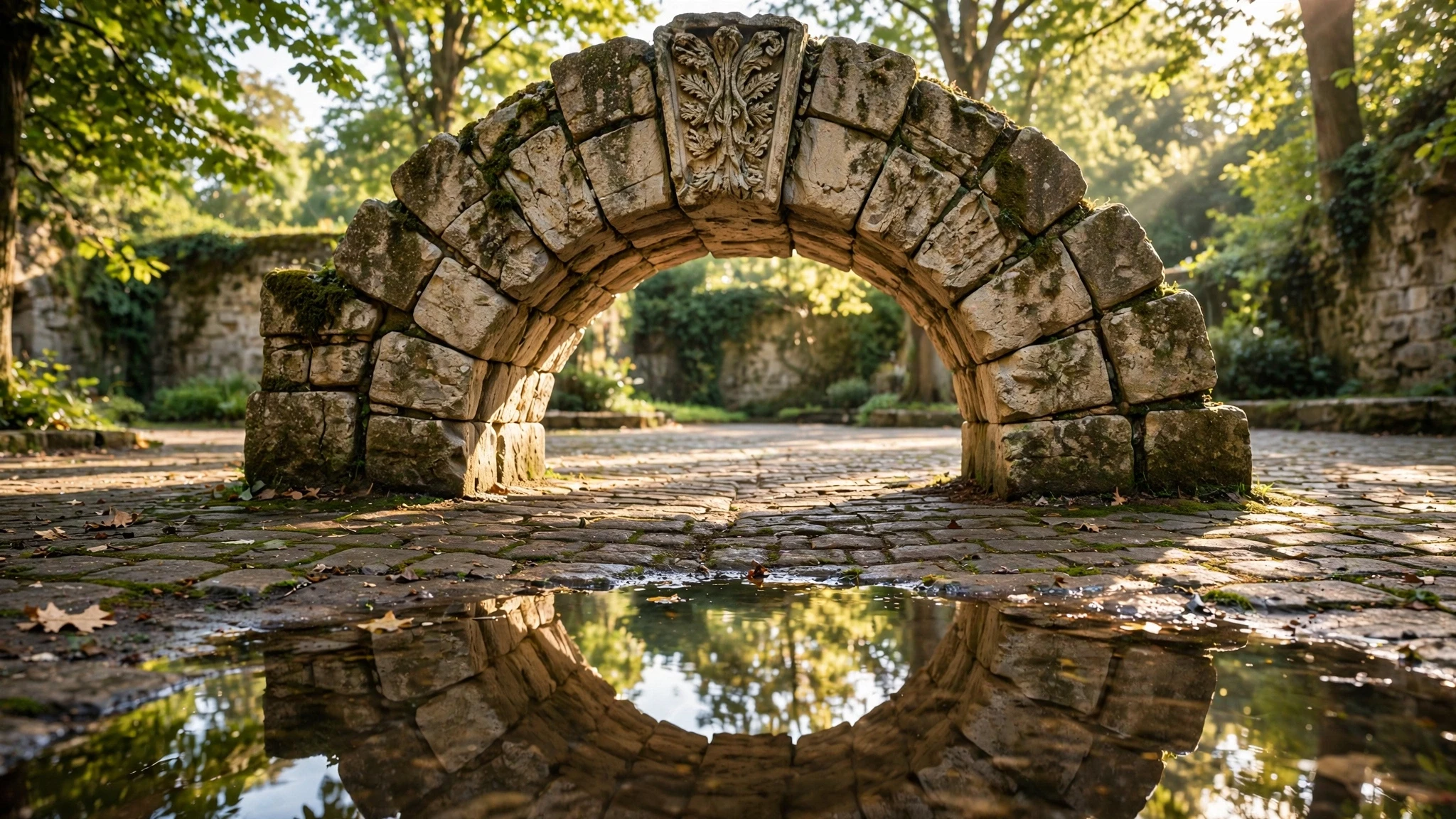antiguo arco de piedra en un patio soleado