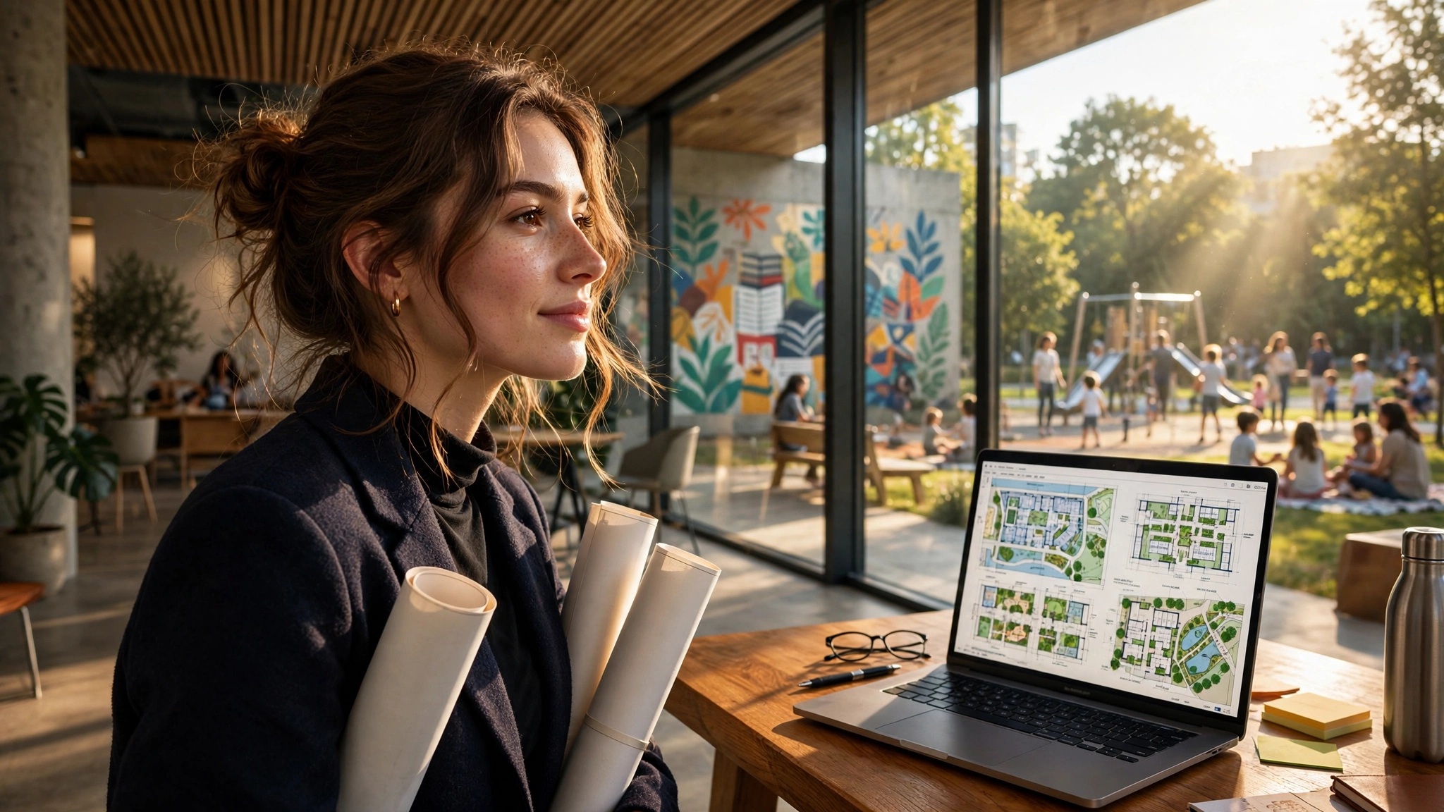 arquitecta joven observando un parque mientras sostiene unos planos