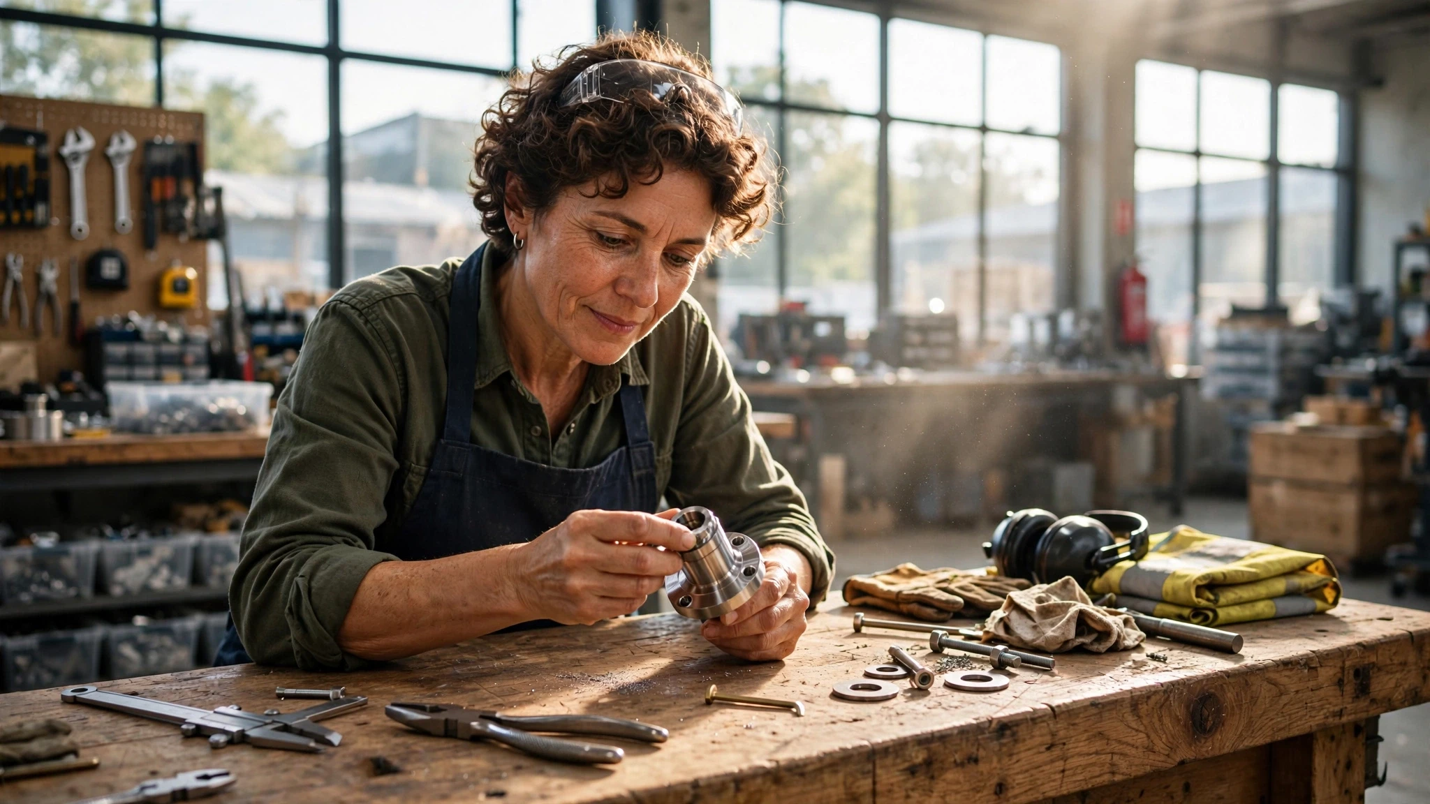 artesano revisando pieza de metal en taller de madera iluminado