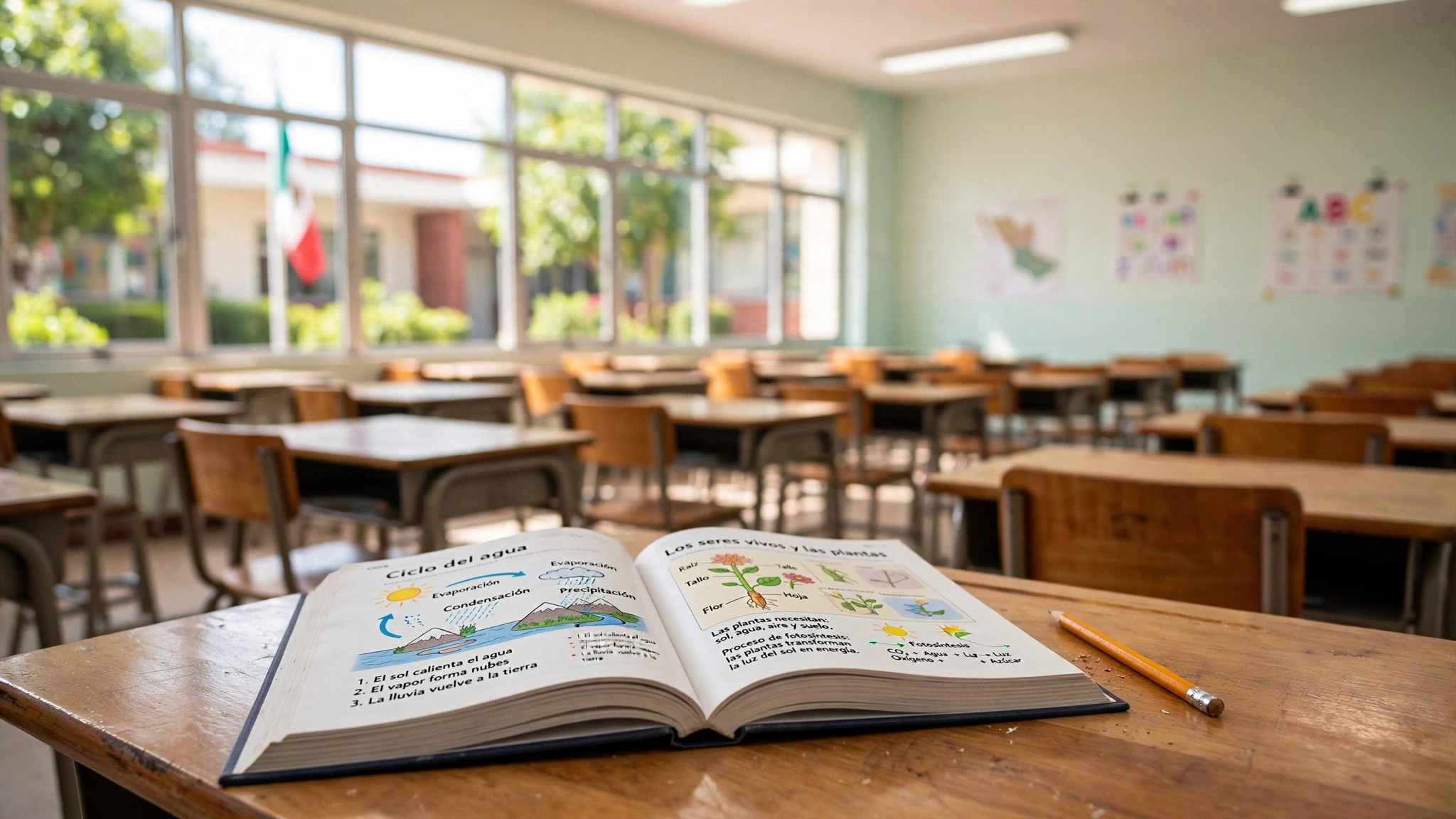 aula escolar luminosa con pupitres de madera y libro abierto