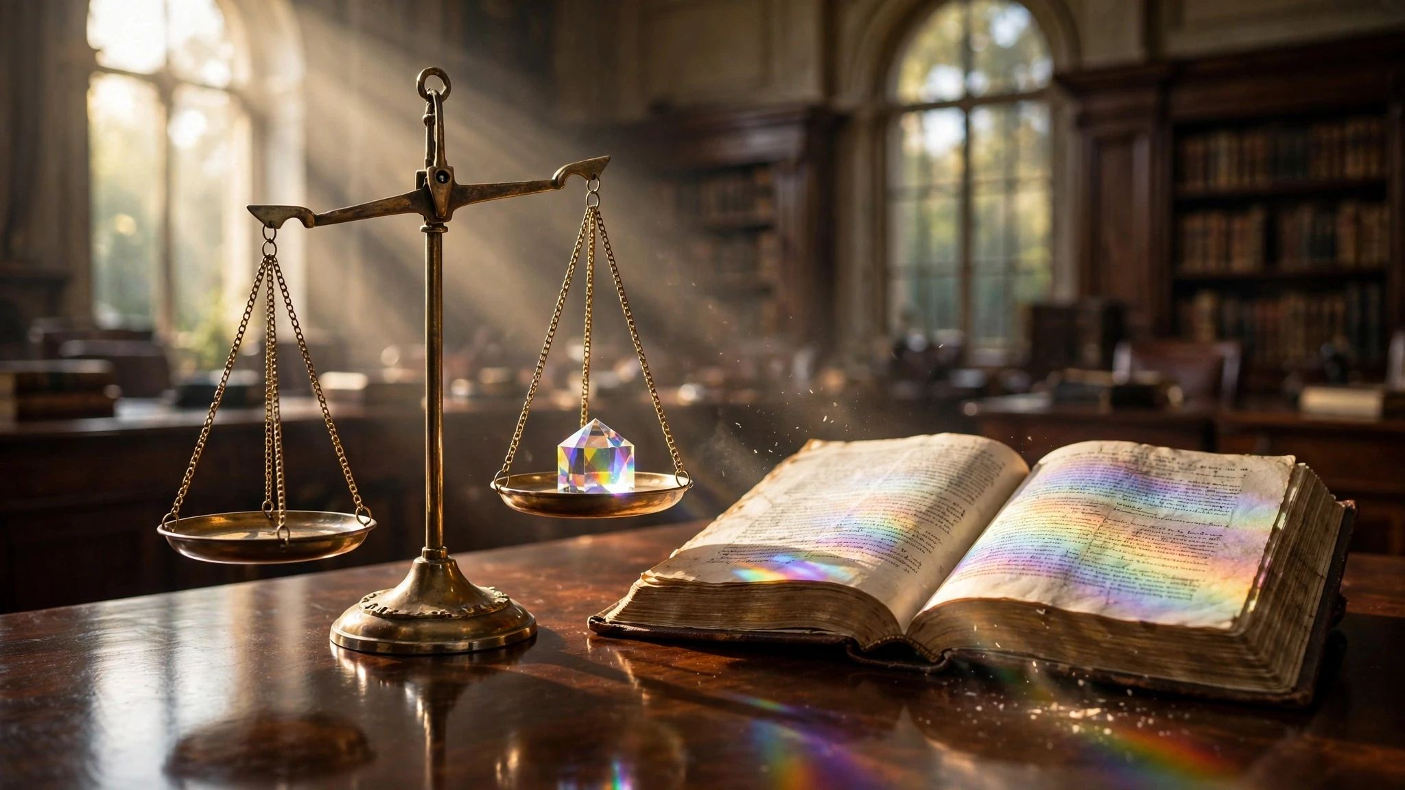 balanza de justicia dorada con libro antiguo sobre escritorio