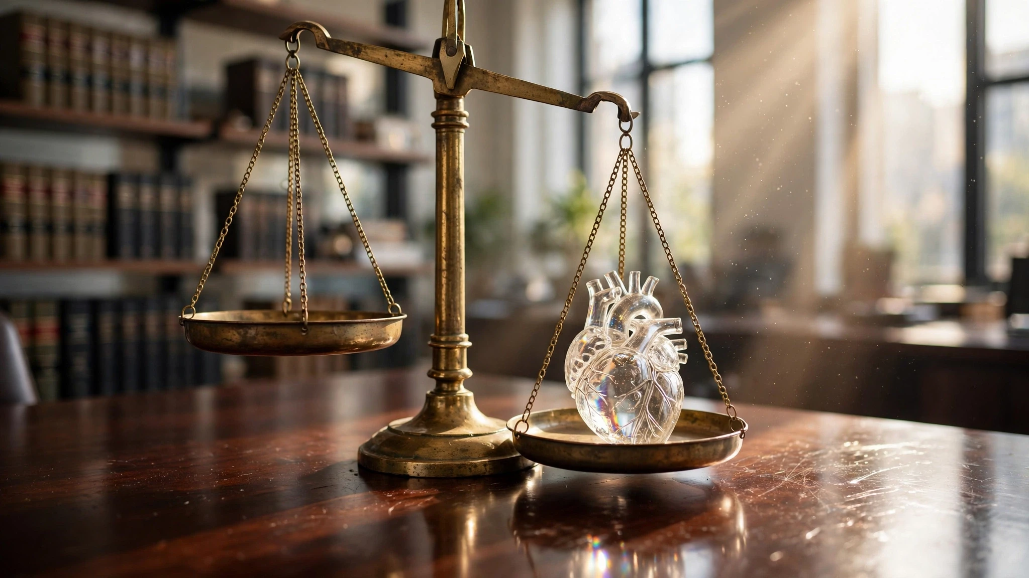 balanza de laton con corazon de cristal en mesa