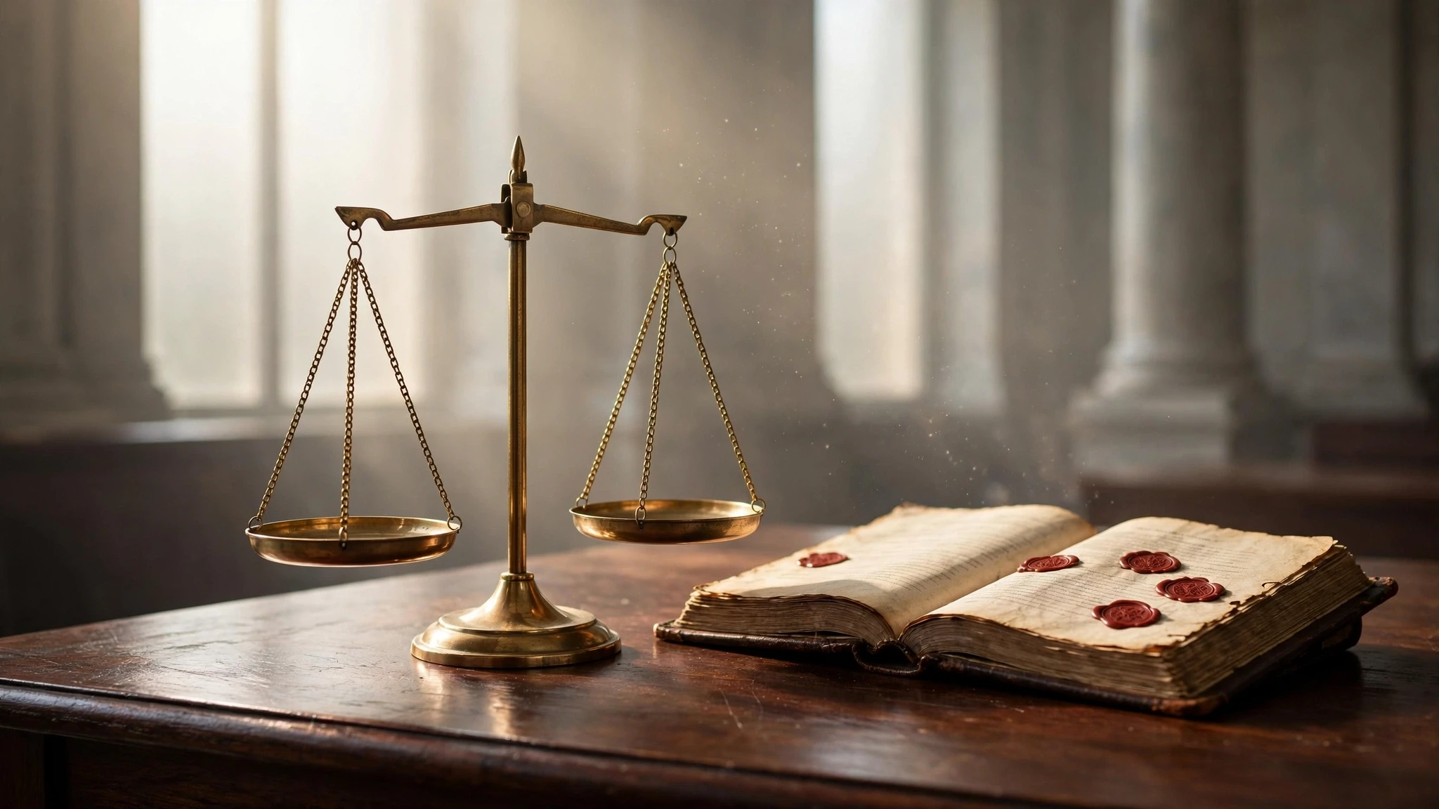 balanza dorada de justicia sobre mesa de madera iluminada