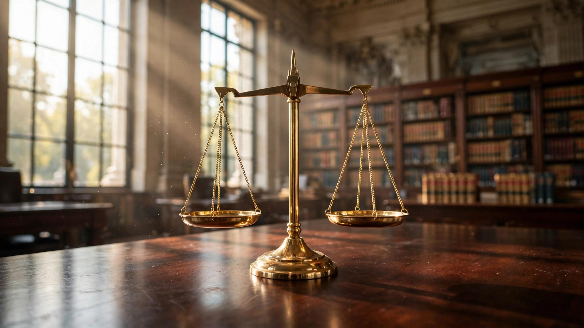 balanza dorada de justicia sobre mesa elegante en recinto juridico