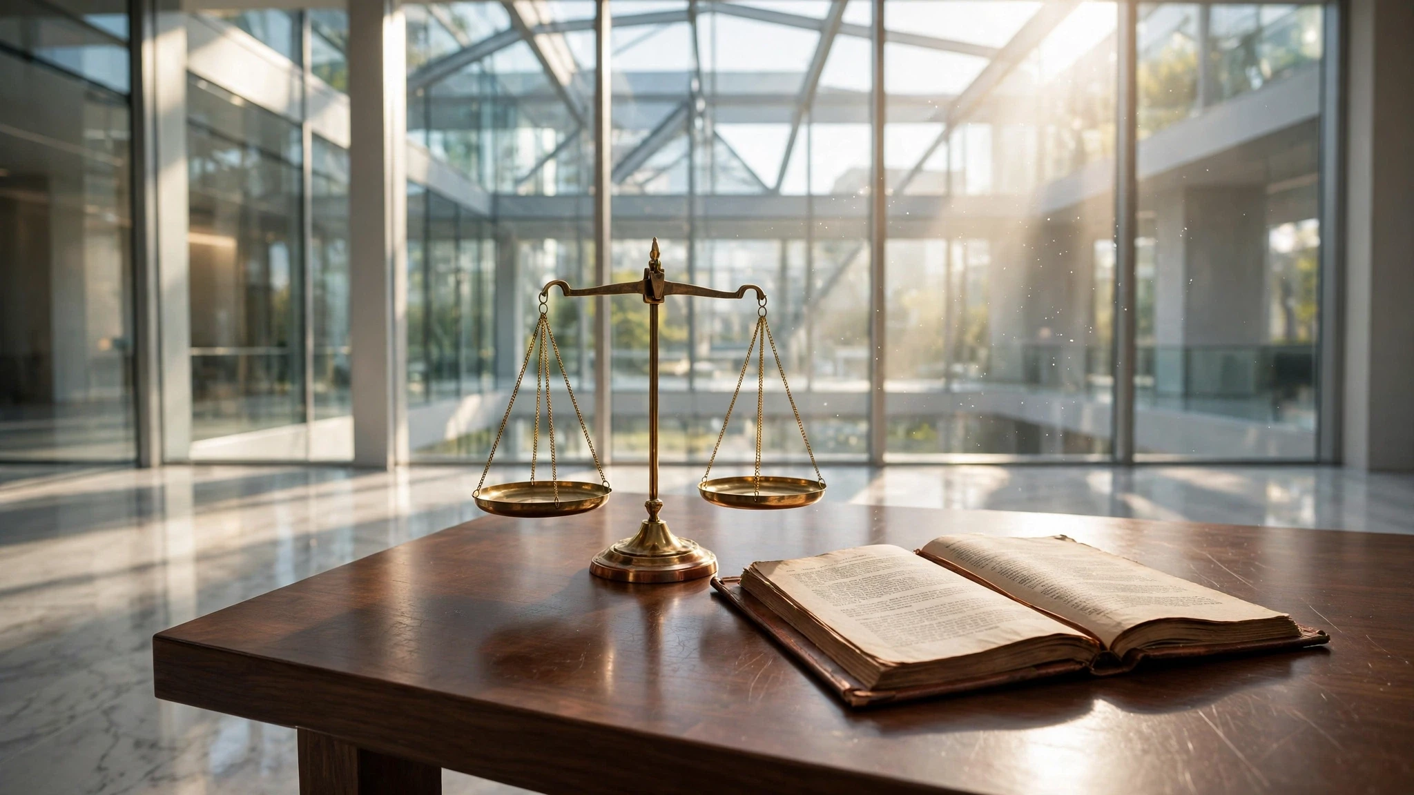 balanza dorada en equilibrio sobre mesa con texto legal