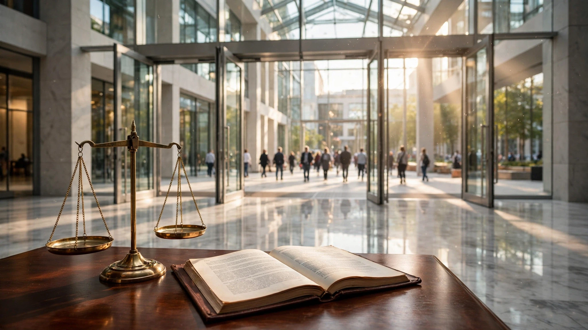 balanza dorada y libro legal en atrio judicial iluminado