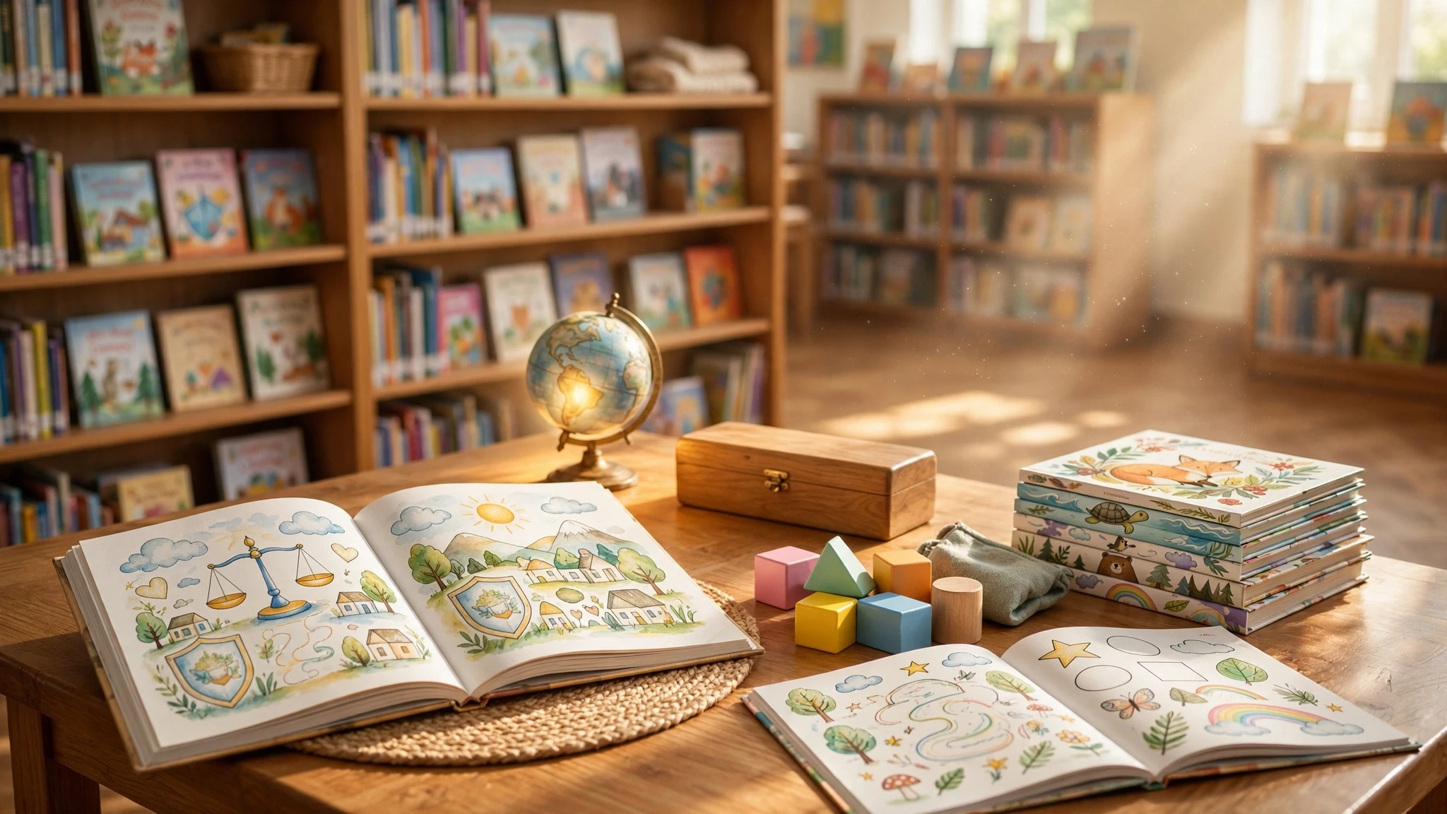 biblioteca escolar iluminada con libros sobre mesa de madera