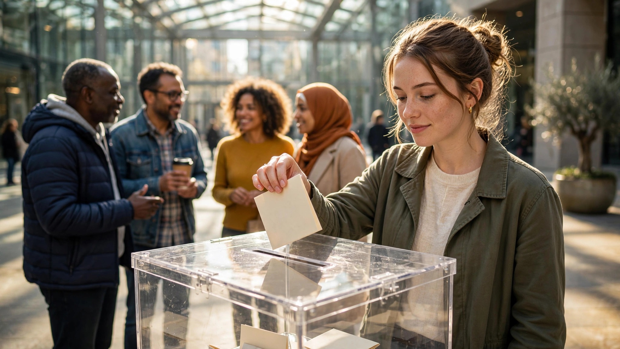 chica colocando un voto dentro de urna de cristal