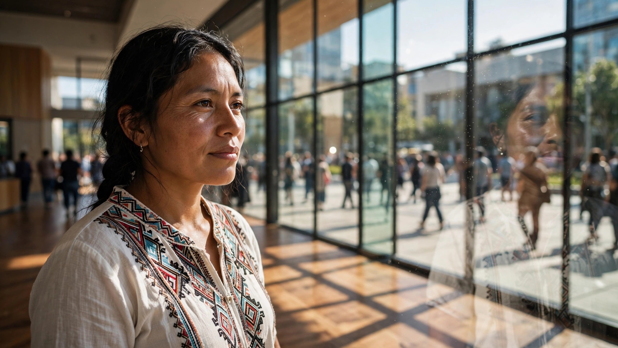 chica indigena reflexiva junto a un ventanal iluminado