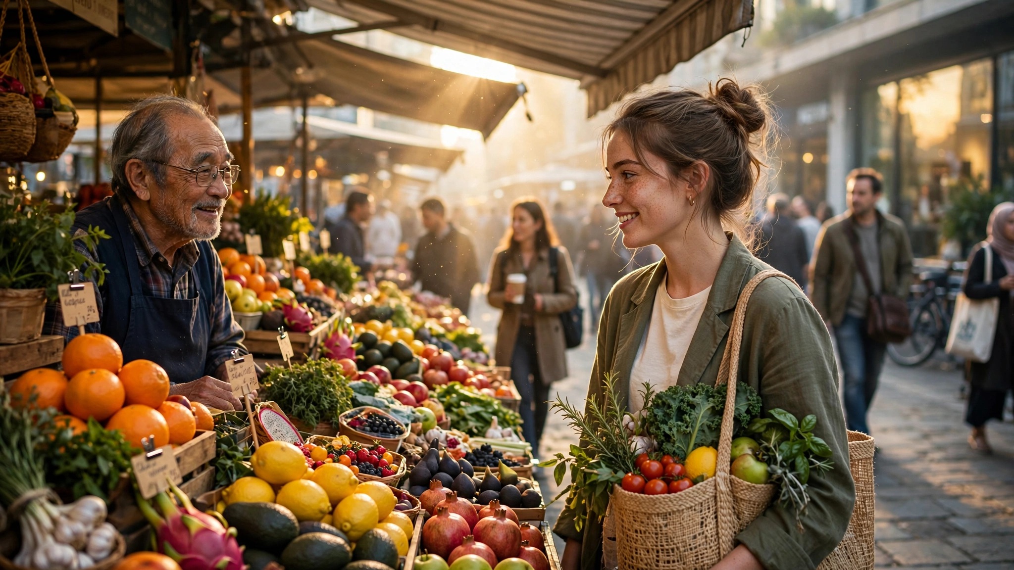 chica joven conversando con comerciante mayor en mercado urbano