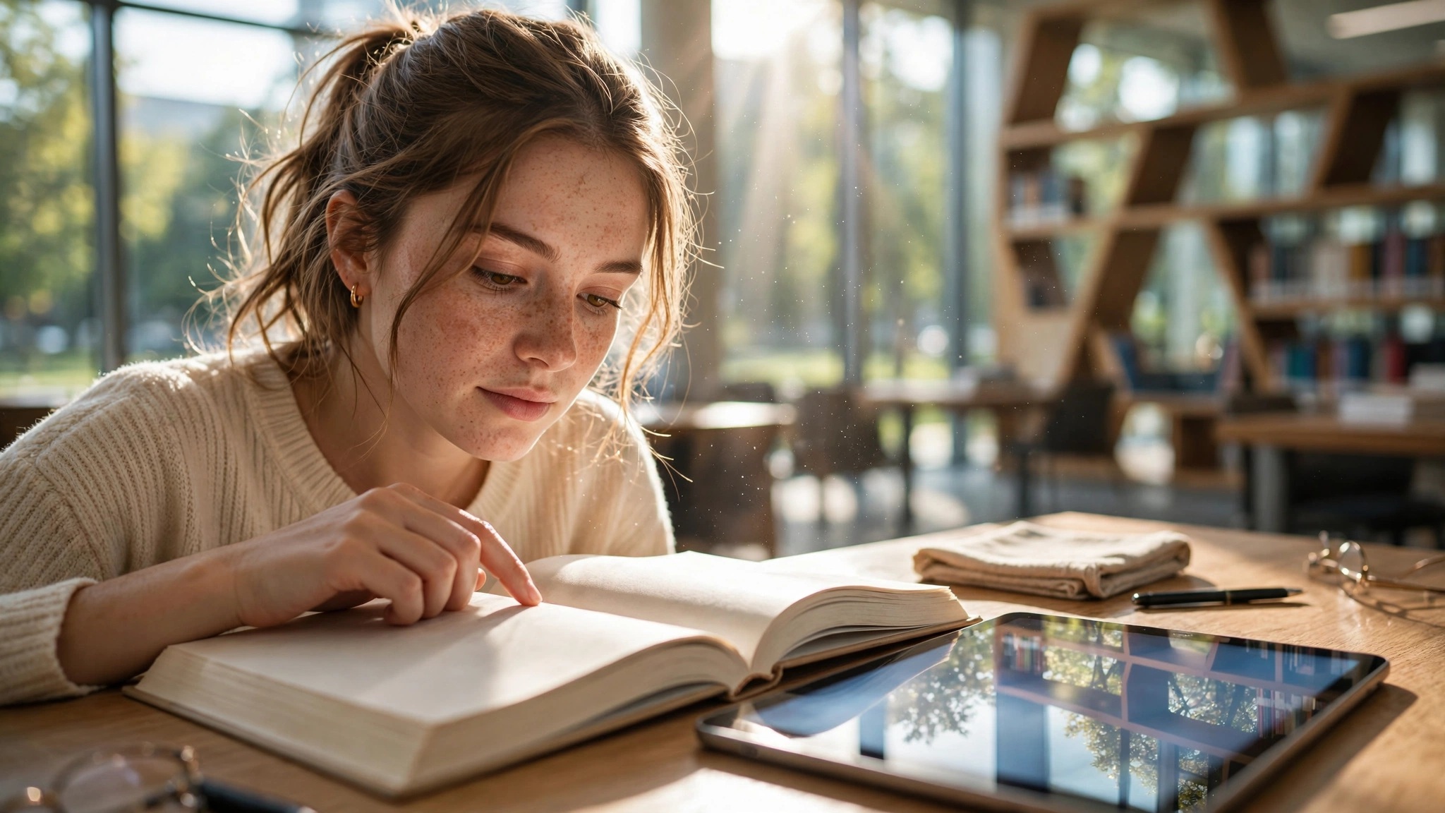 chica leyendo libro junto a tableta en biblioteca iluminada