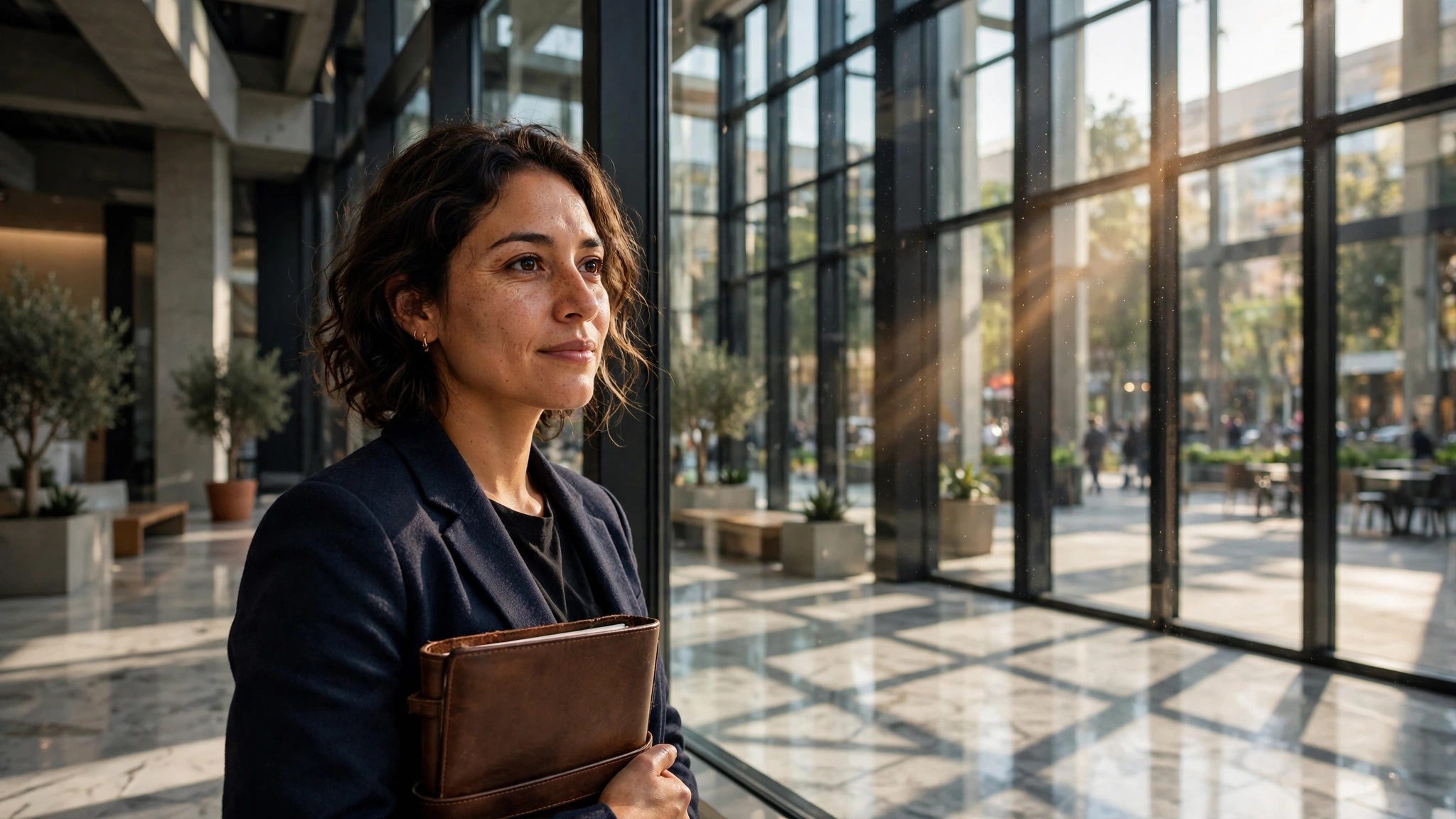 chica mexicana reflexiva con carpeta en atrio iluminado
