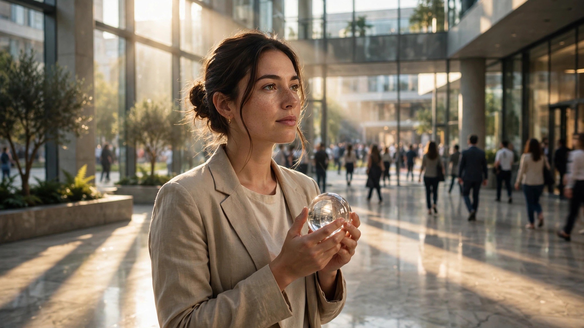 chica pensativa sosteniendo una esfera transparente en edificio luminoso