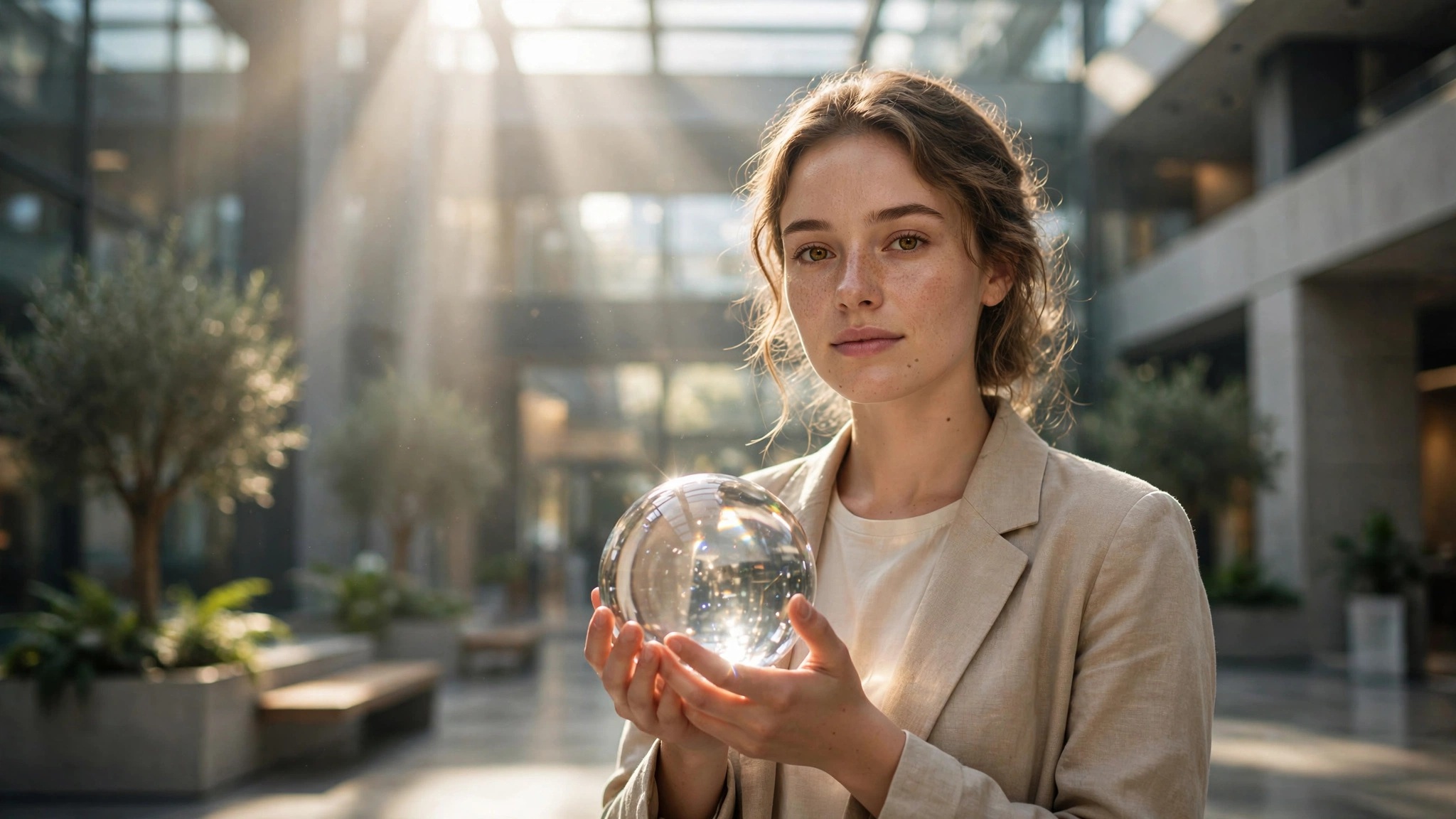 chica serena sosteniendo una esfera transparente en atrio luminoso