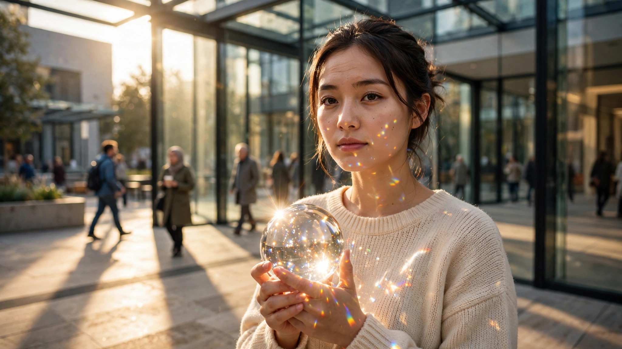 chica serena sostiene una esfera transparente en un patio iluminado