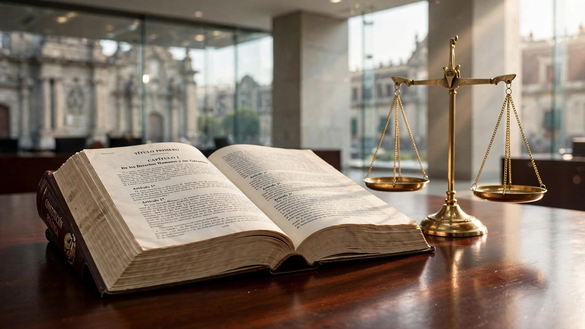 constitucion abierta junto a balanza de justicia sobre mesa