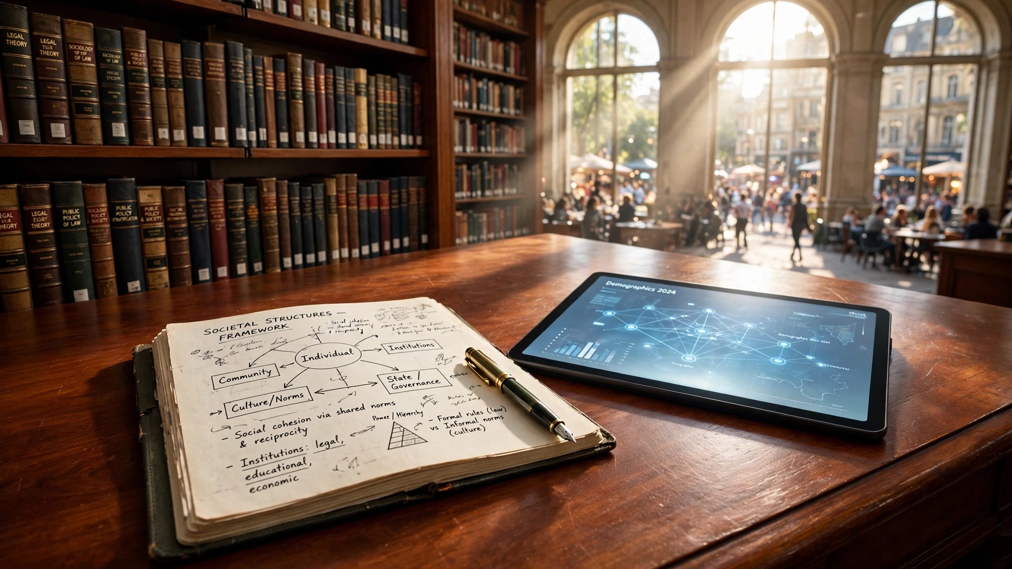 cuaderno abierto y tableta sobre escritorio en biblioteca iluminada