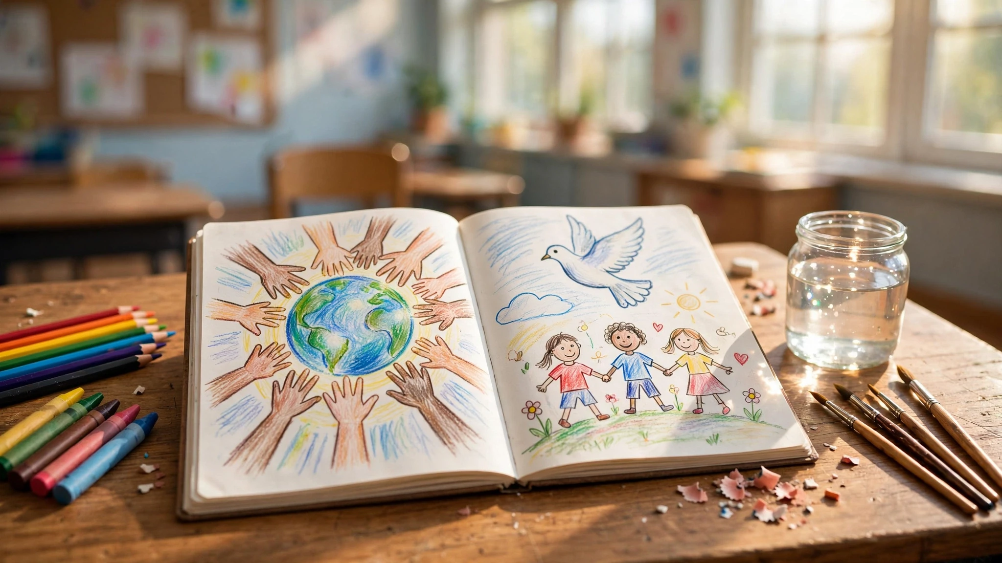 cuaderno con dibujos coloridos y lapices sobre mesa iluminada