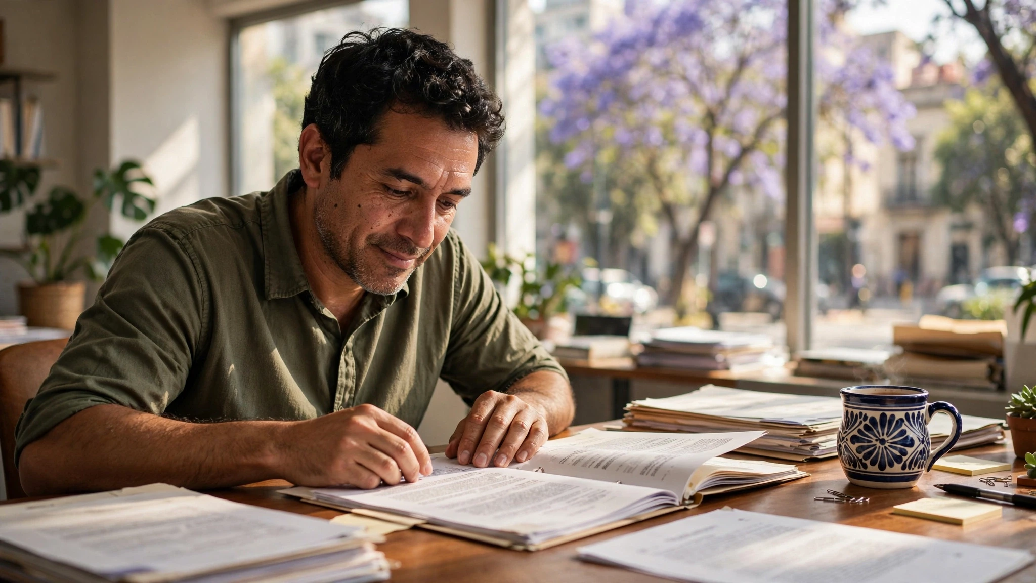 defensor de derechos humanos analizando expedientes en despacho soleado