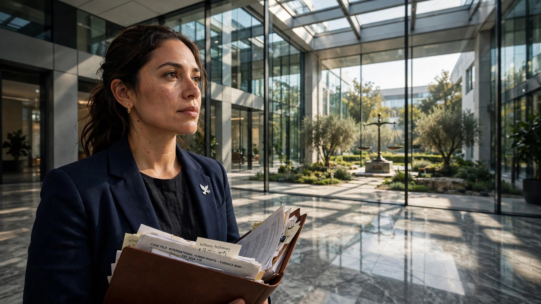 defensora de derechos humanos sostiene carpeta en edificio judicial