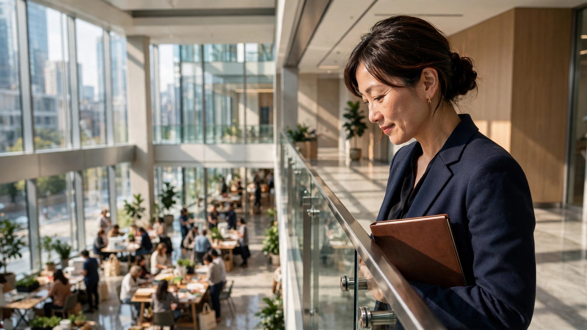 directora ejecutiva observando taller comunitario desde barandilla en edificio