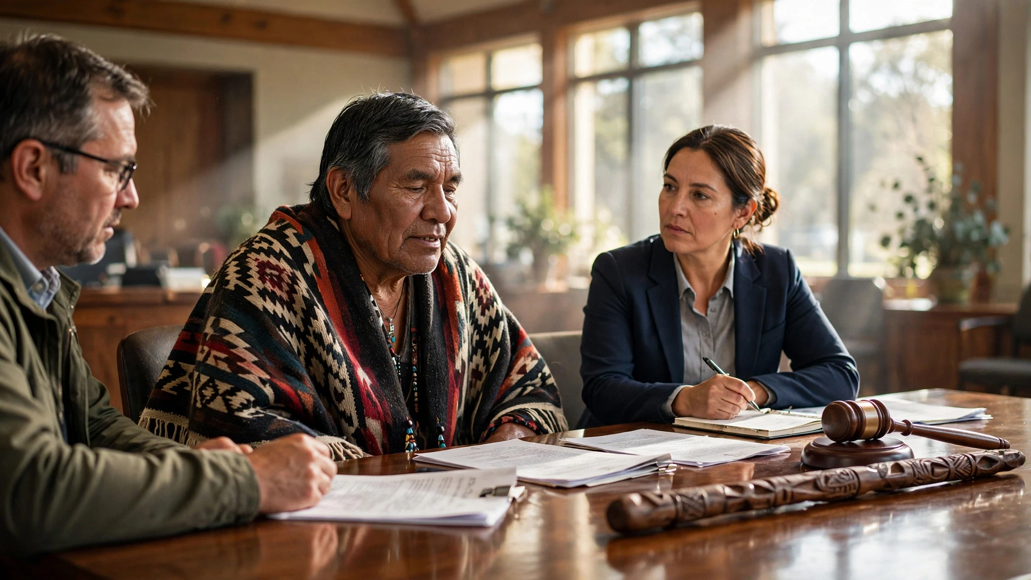 dirigente indigena reunido con autoridades en salon de consejo