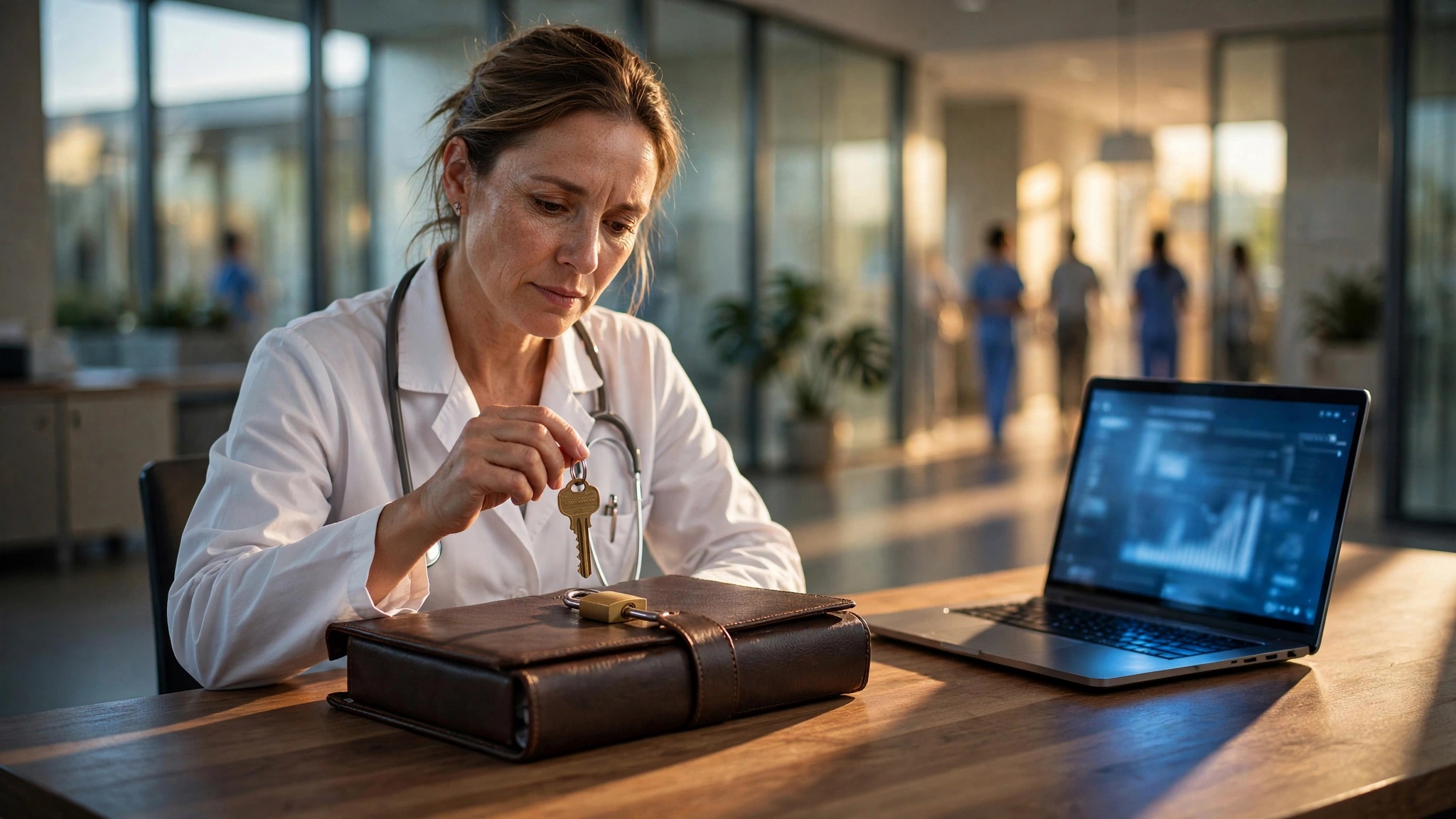doctora en consultorio medico guardando expediente confidencial con llave