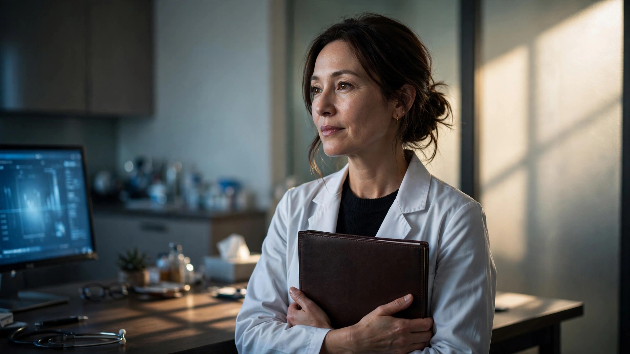 doctora reflexiva sostiene expediente junto a escritorio en consultorio
