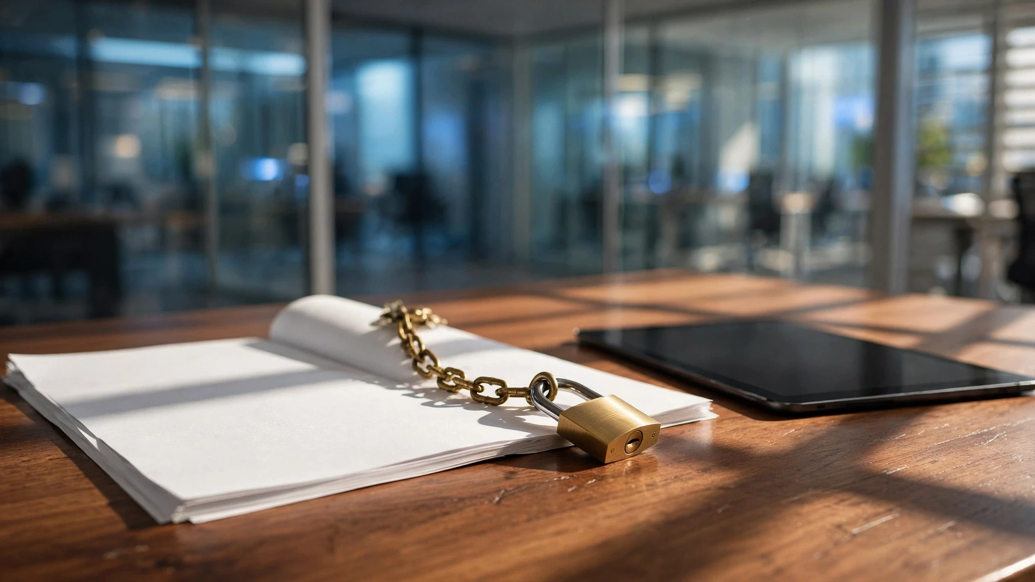 documentos con candado y tableta en escritorio iluminado