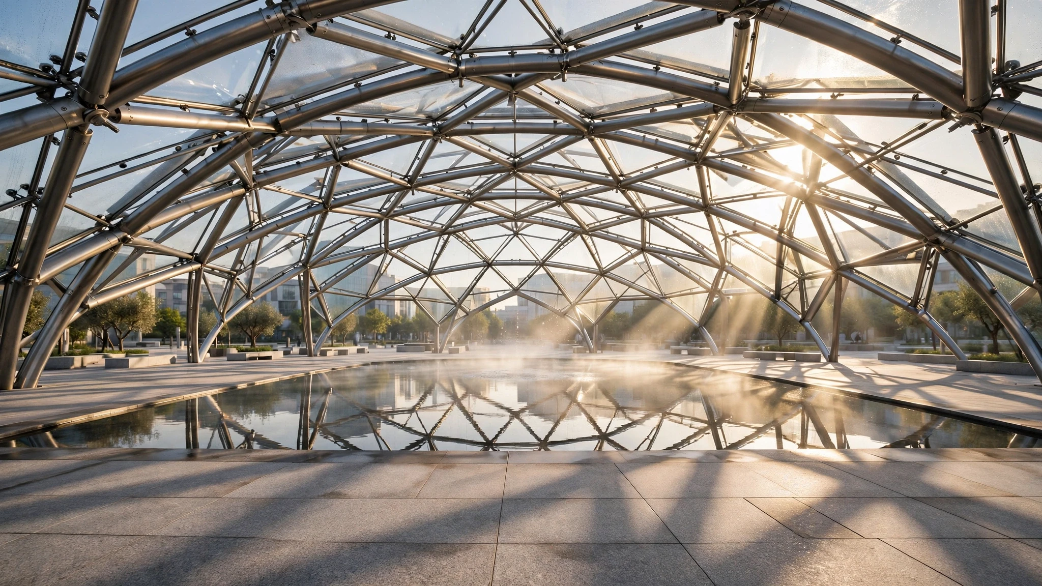 domo de cristal e acero sobre plaza iluminada con estanque