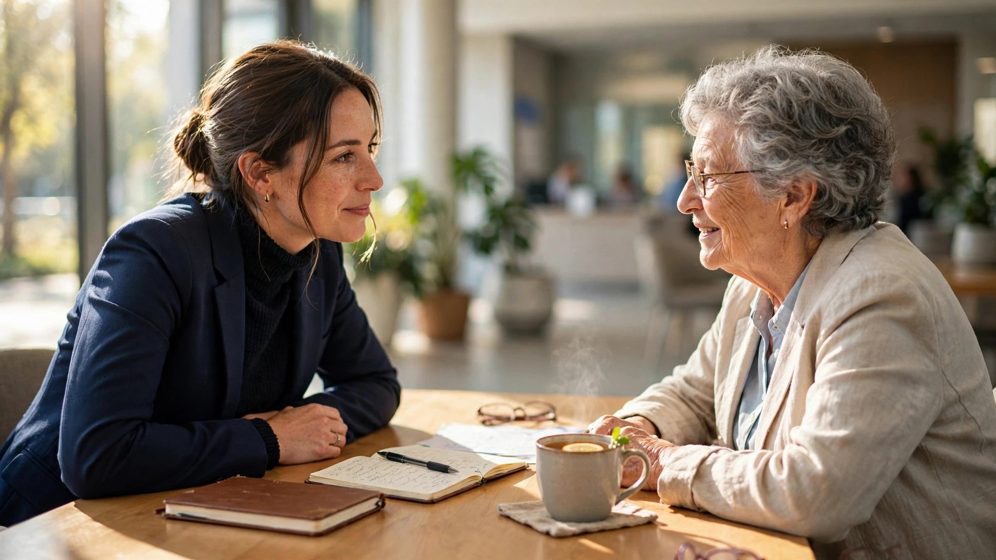 empleada publica dialoga de forma empatica con un anciano