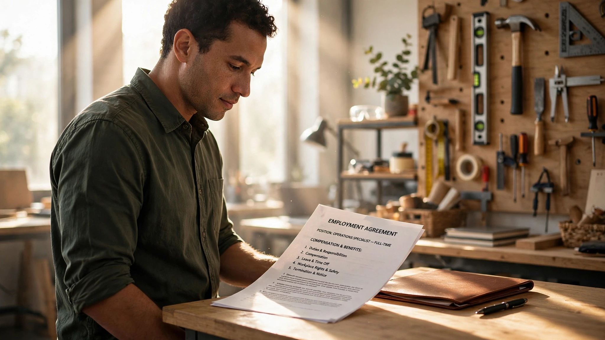 empleado analizando contrato de trabajo en mesa soleada