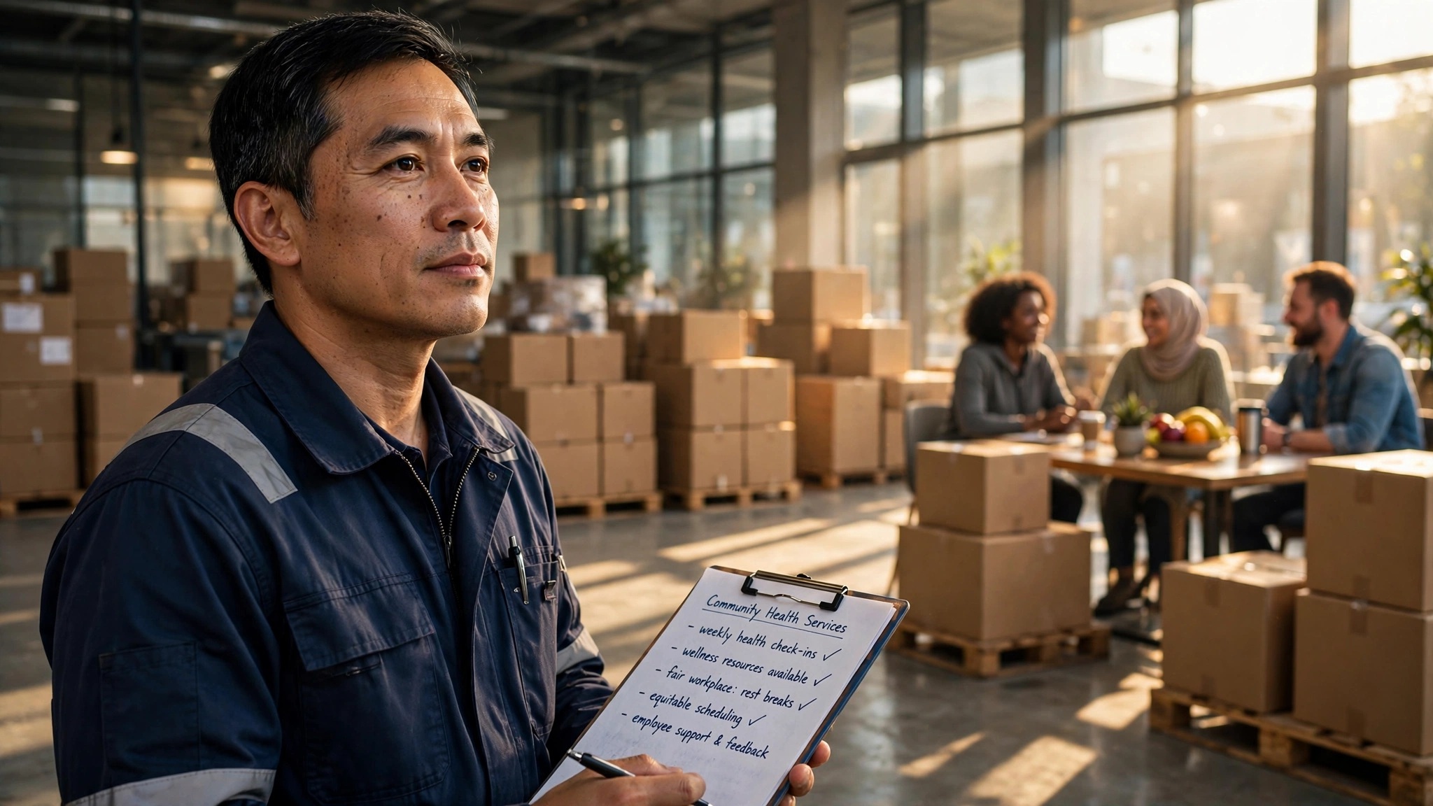 empleado de logistica en almacen iluminado con portapapeles