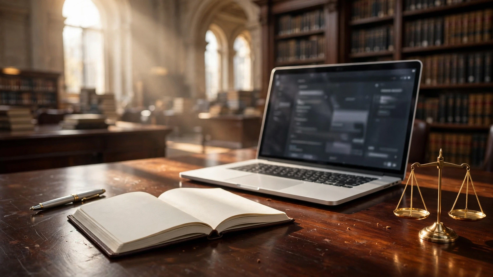 escritorio de madera con laptop libreta y balanza en biblioteca