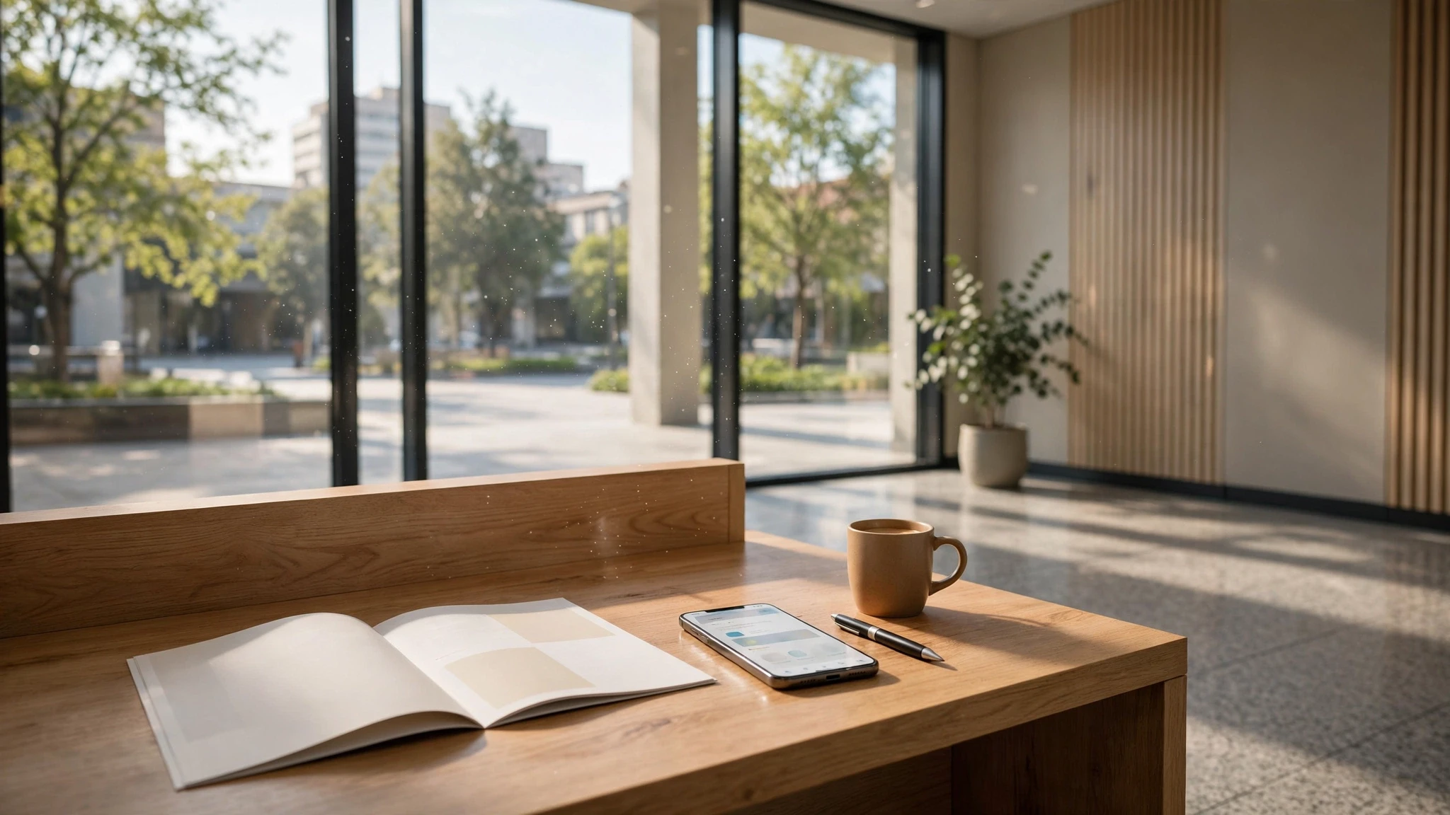 escritorio de madera en oficina iluminada junto a ventanal