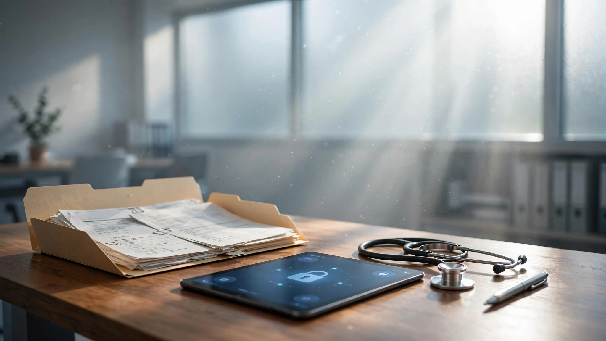 escritorio de salud con estetoscopio tableta digital y carpetas