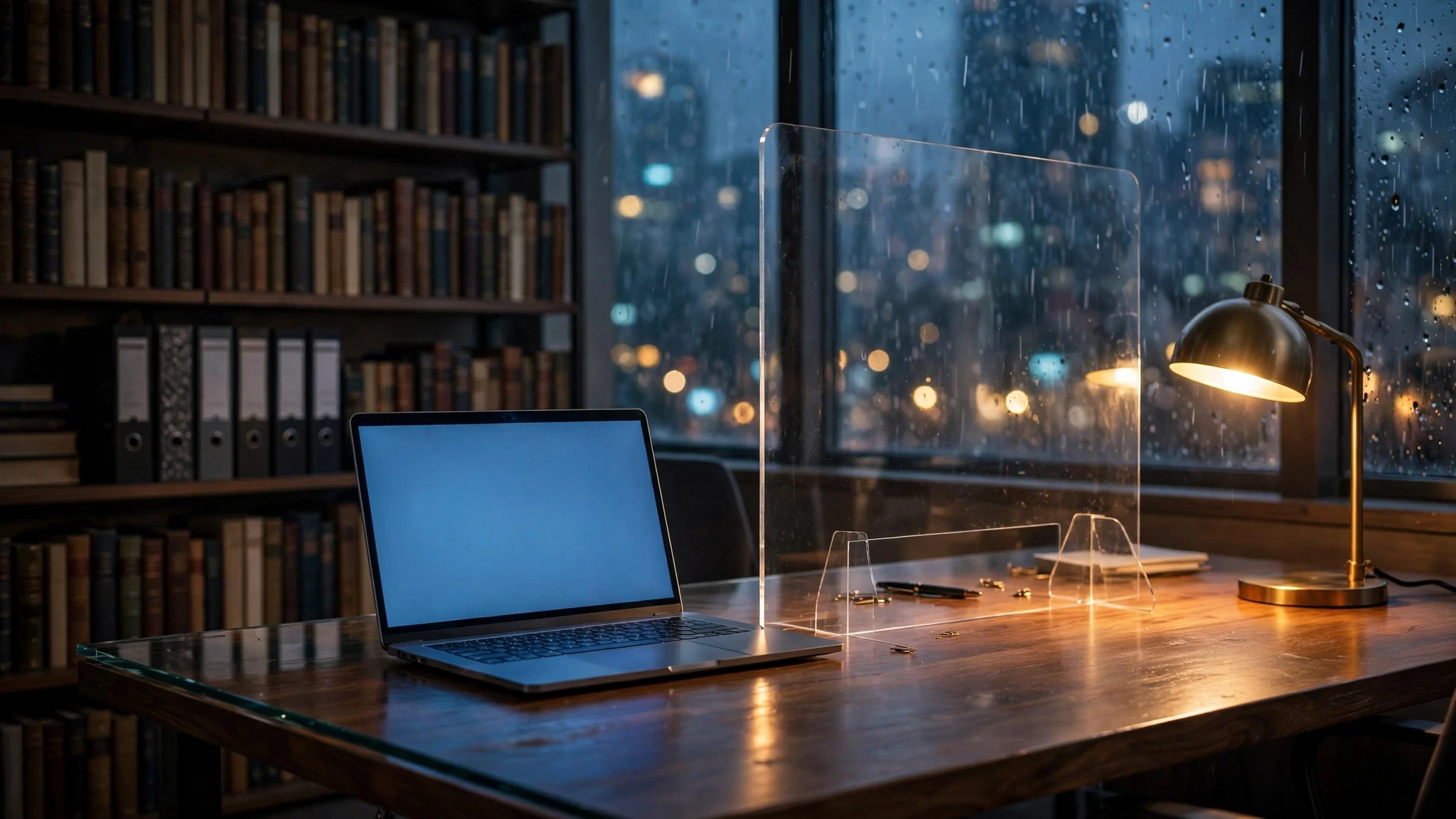 escritorio moderno de cristal con laptop e iluminacion tenue