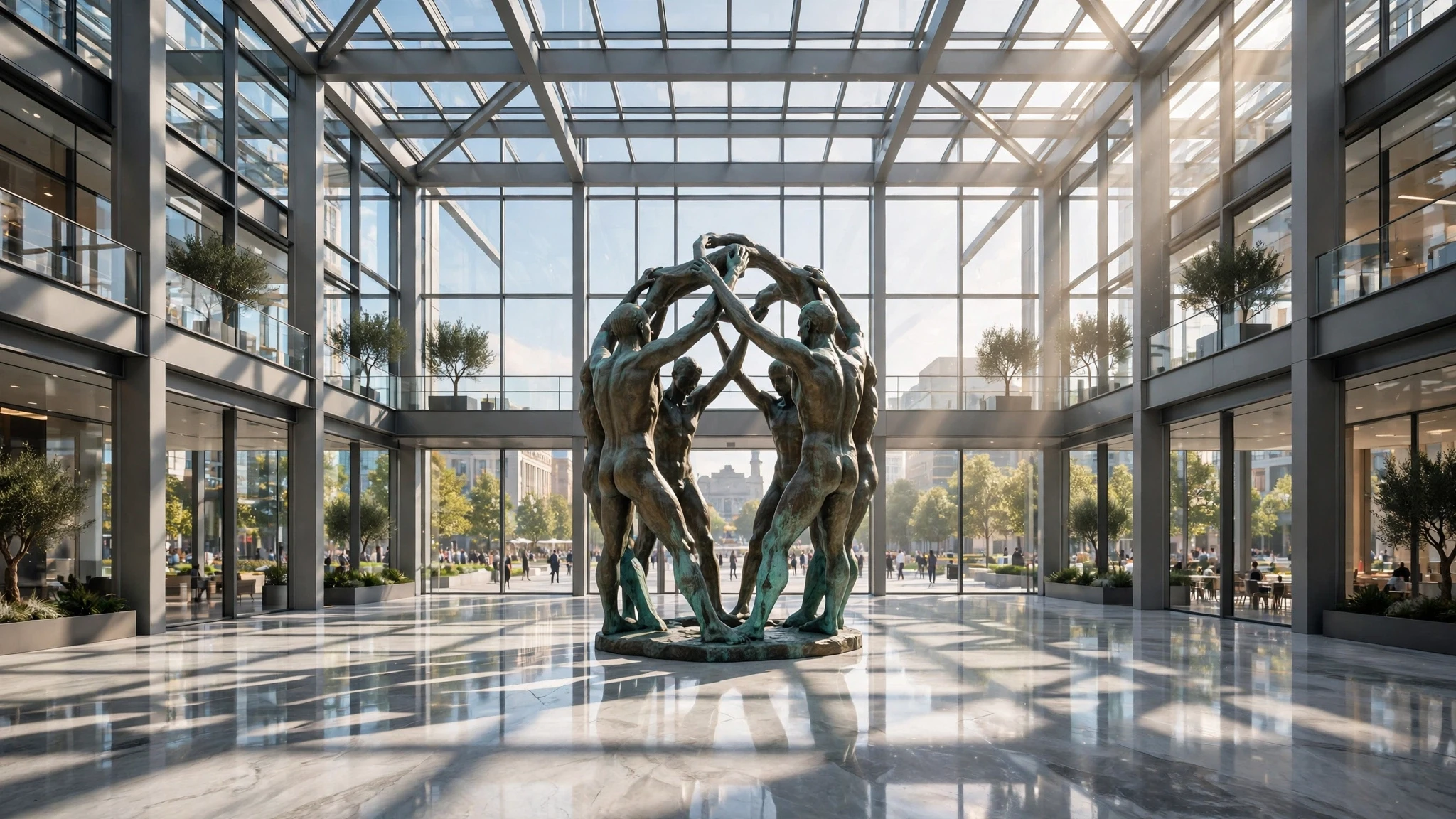 escultura de bronce en atrio de cristal iluminado