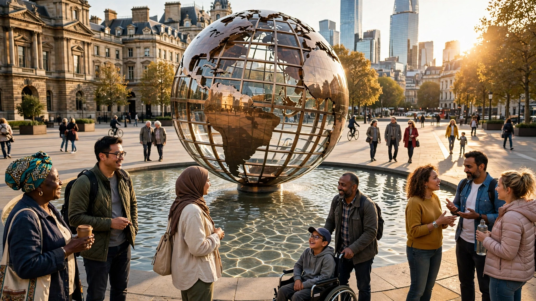 escultura de globo brillante en plaza soleada con gente