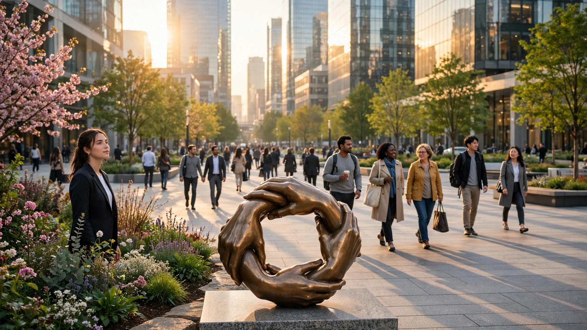 escultura de manos unidas en plaza de ciudad moderna