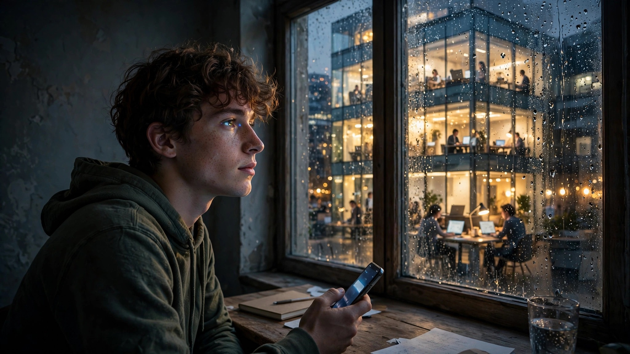 estudiante con celular mira edificio iluminado desde habitacion oscura