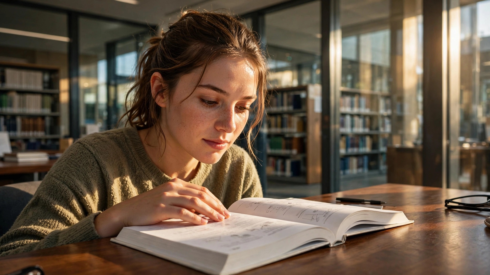 estudiante joven leyendo libro en biblioteca iluminada