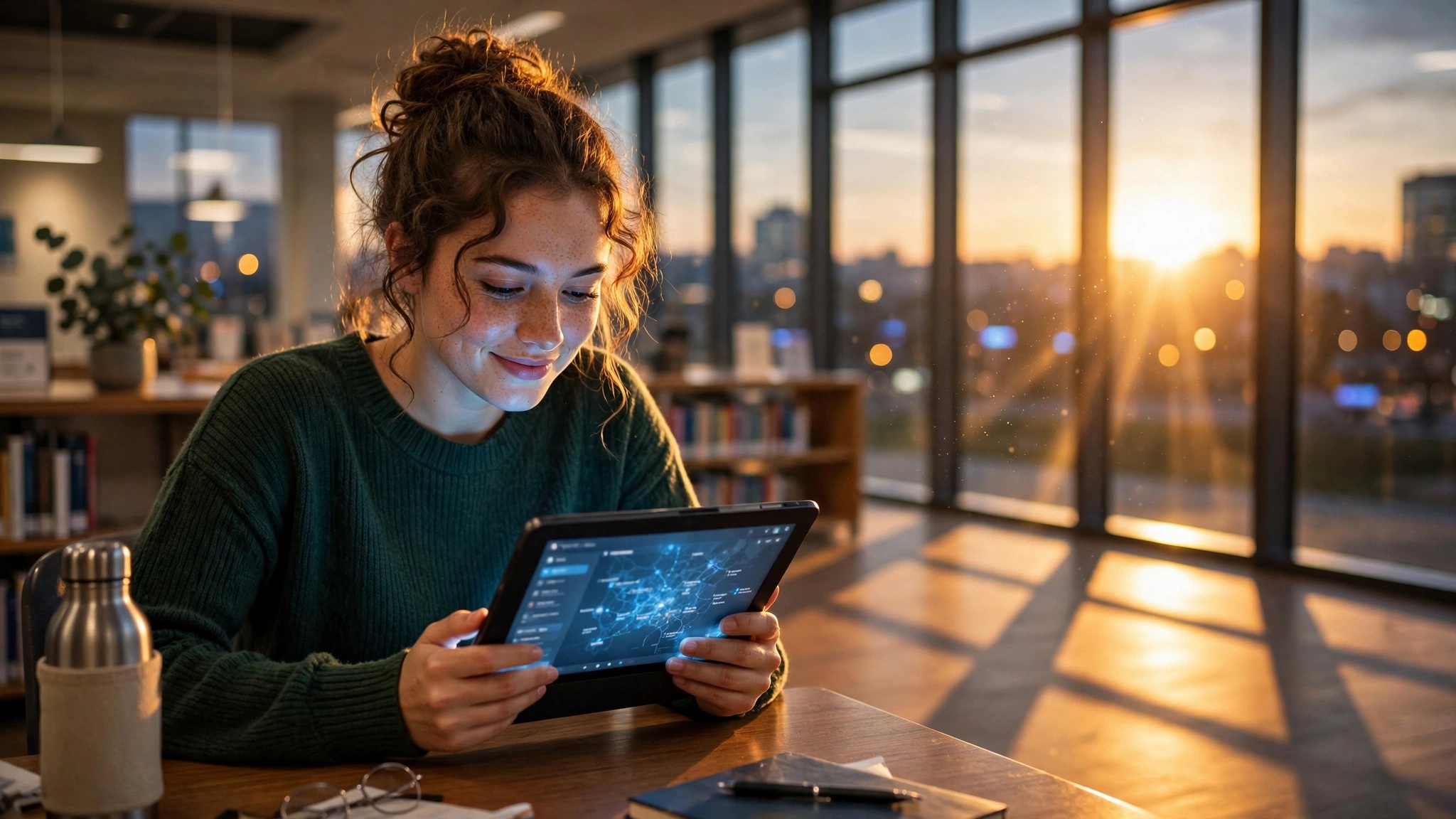 estudiante joven usa una tableta en biblioteca iluminada