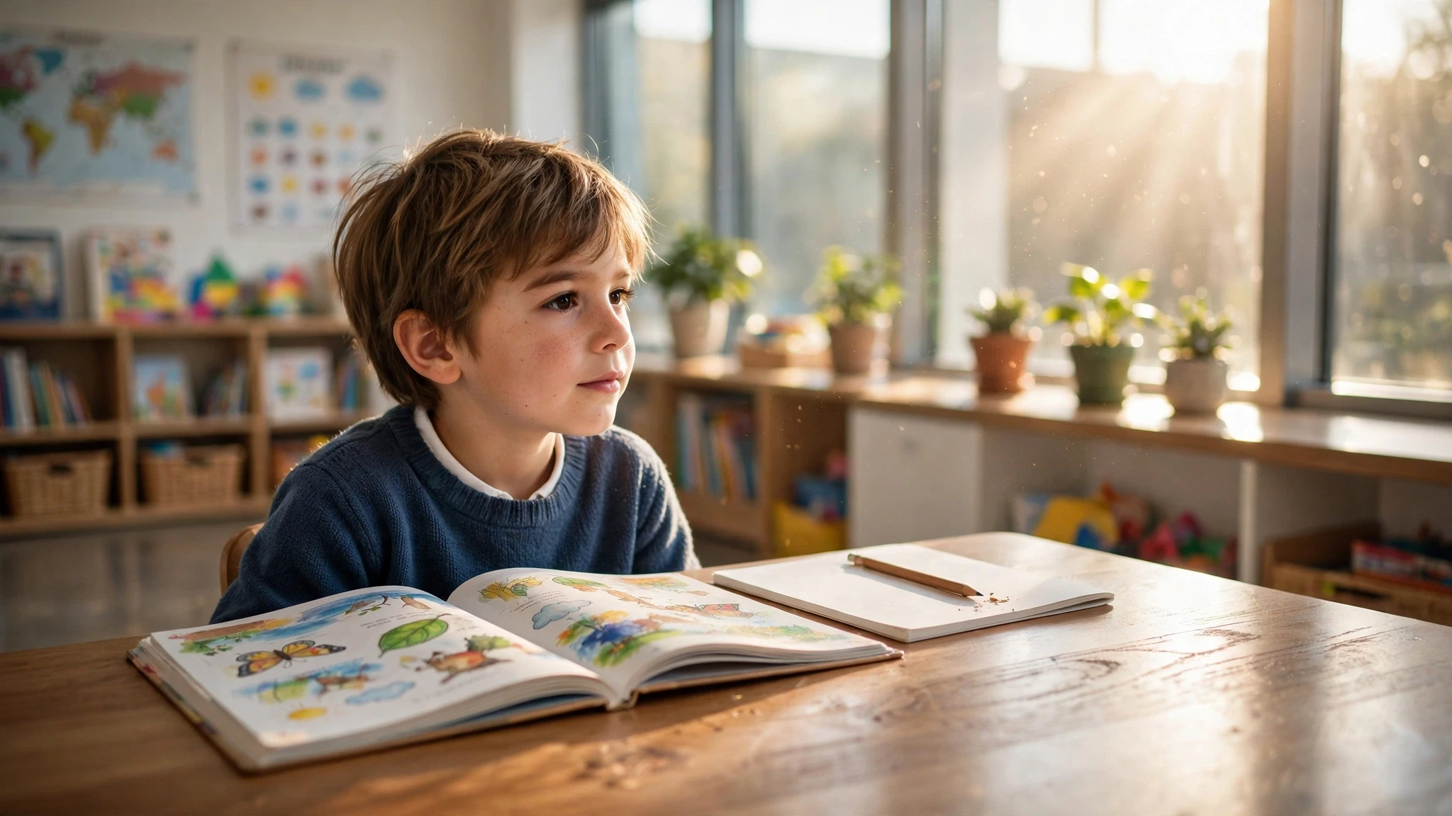estudiante leyendo libro en salon de clases iluminado
